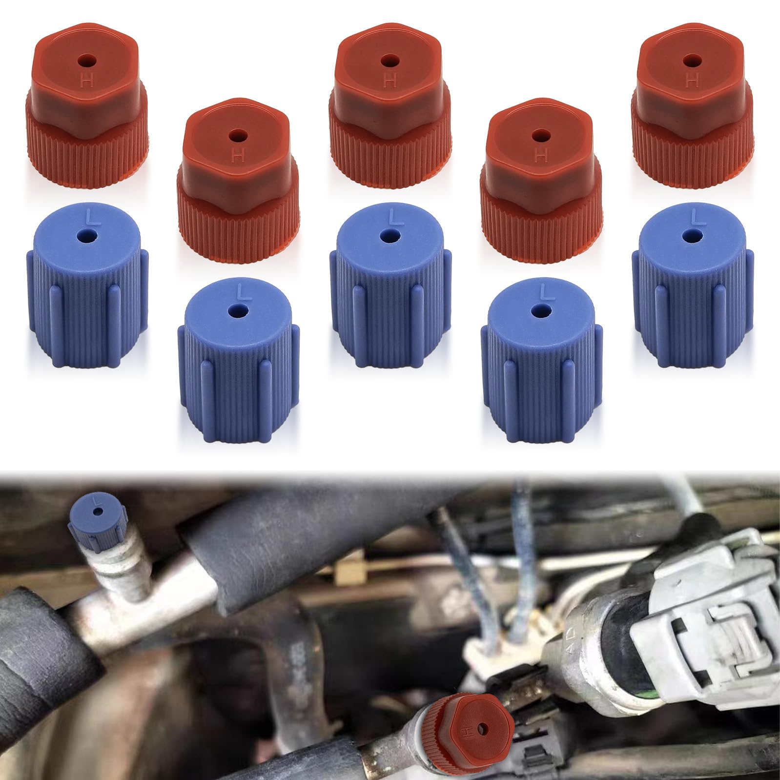 10Pcs R134a Cap A/C Cap 13mm & 16mm Air Conditioning Service AC System Charging Port Caps, 5 Sets Blue Low Side and 5 Sets Red H