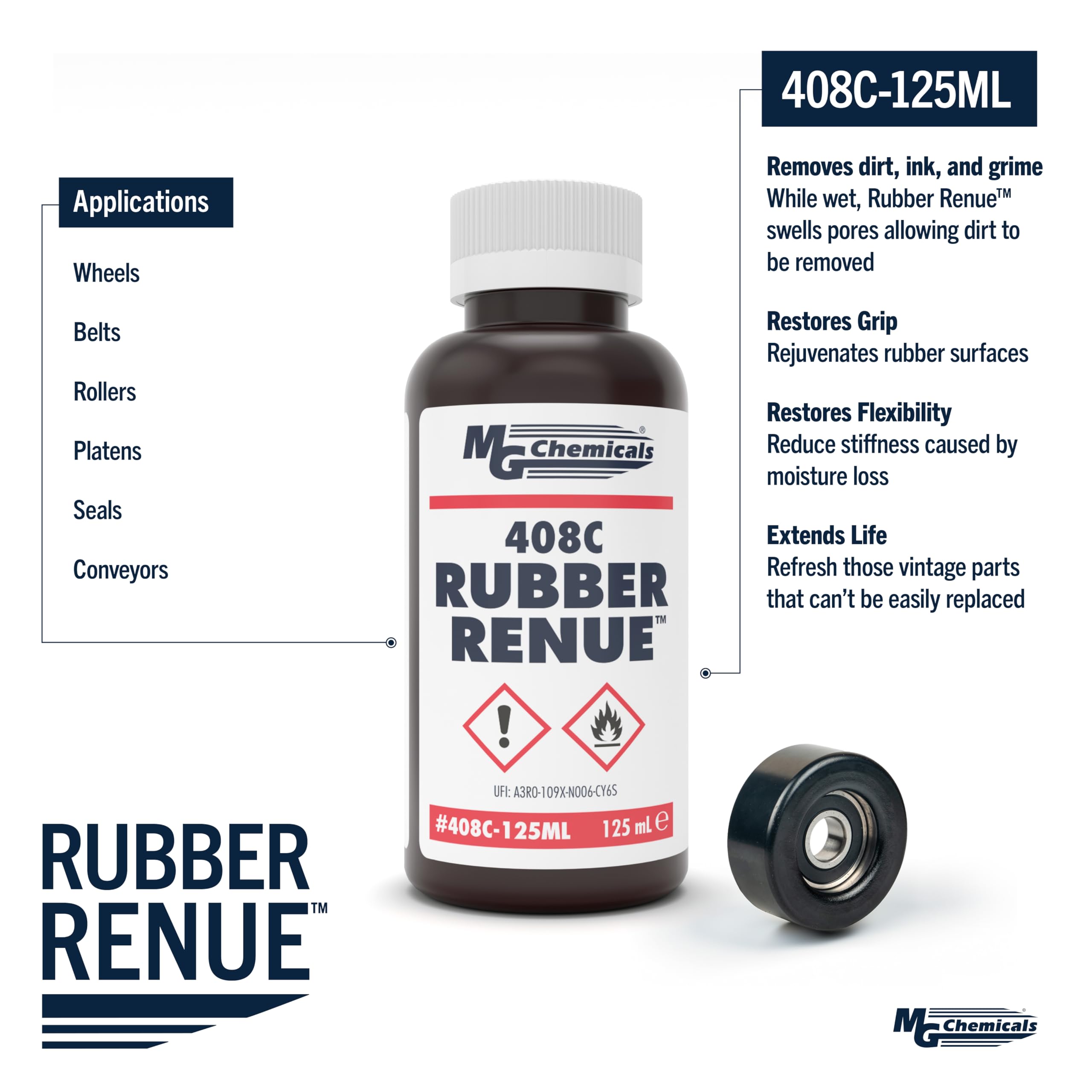 MG Chemicals 408C Rubber Renue - Restore Rubber Belts & Rollers, 125mL, Ideal for Rejuvenating Rubber Surfaces