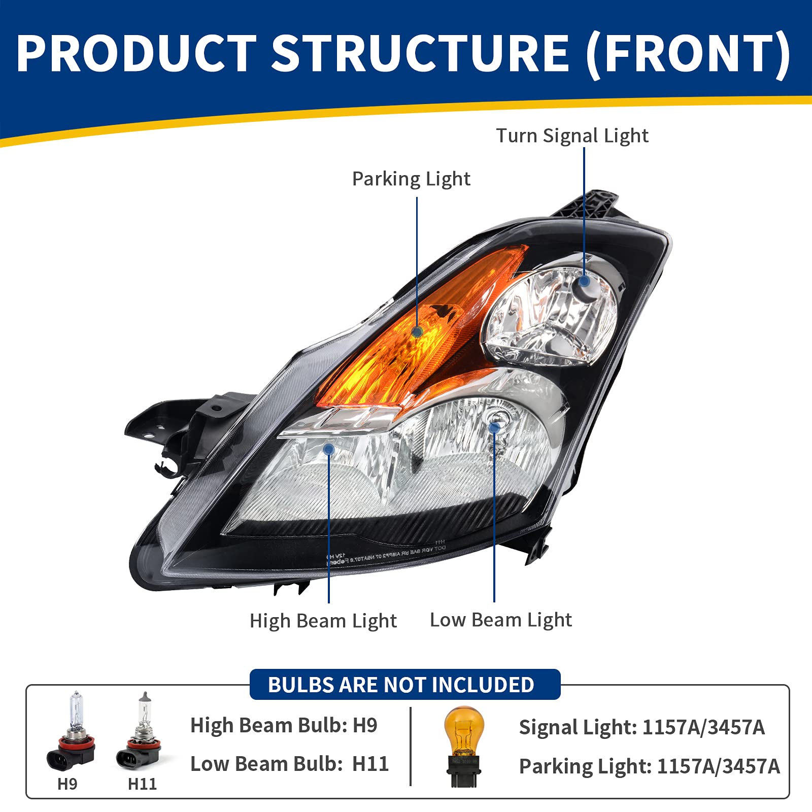 Autosaver88 Headlight Assembly Compatible With 07 08 09 Altima Sedan 4-Door 2007 2008 2009 Altima Black Housing With Amber Refle