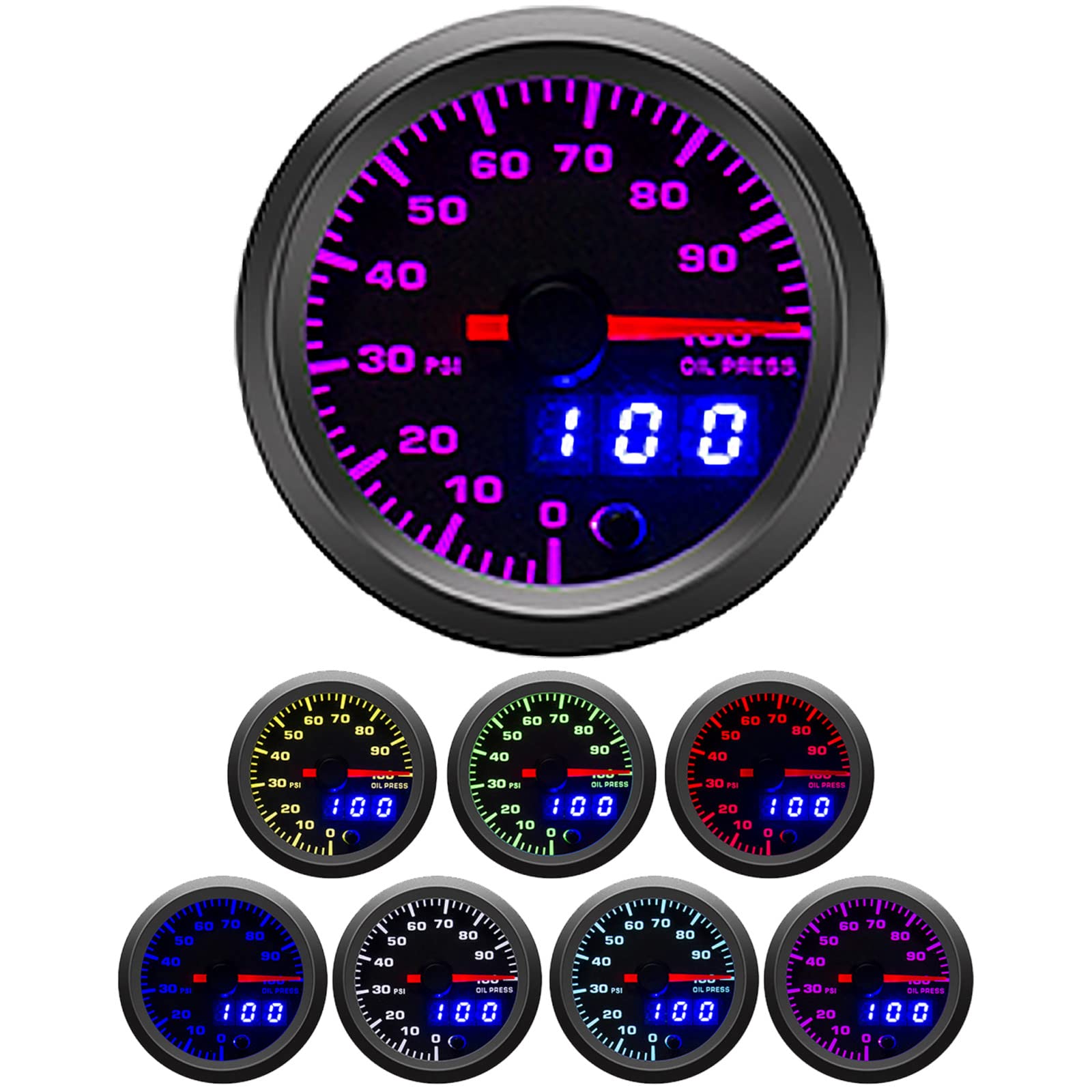 2-1/16'' 52mm Oil Pressure Gauge Kit 7 Color 0 to 100 PSI Pointer & LED Digital Readouts Black Dial - Clear Lens Fit for 12V Car