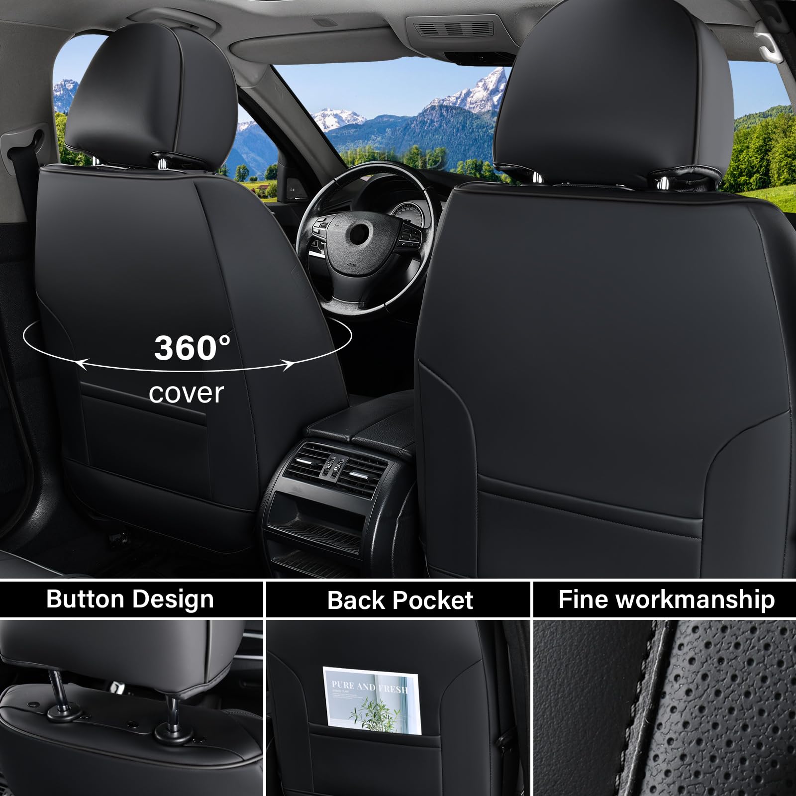 Coverado Car Seat Cover Front Seat, Black Seat Covers Front Seats, Nappa Leather Waterproof, Car Seat Cushion, Car Seat Protecto