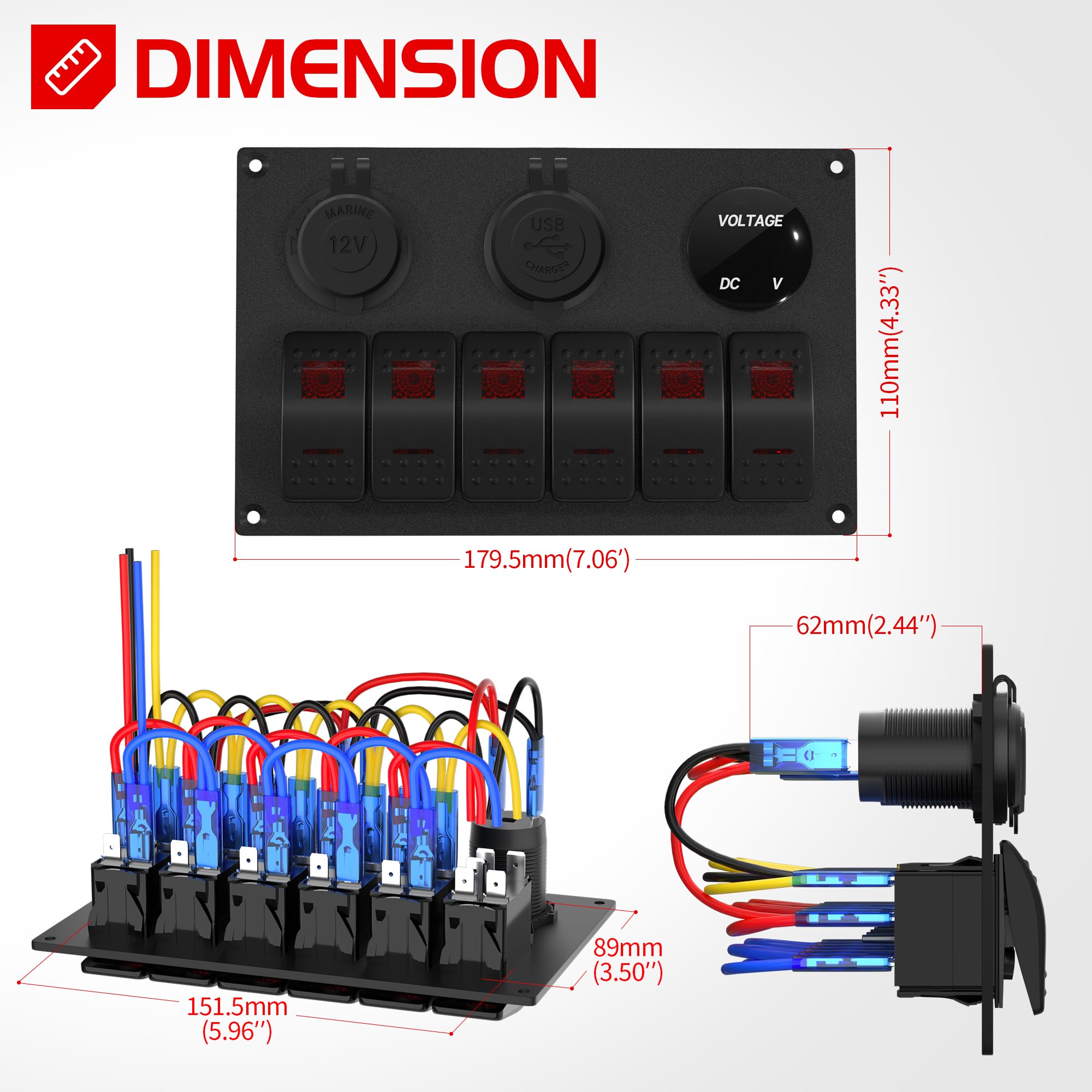 Daiertek 6 Gang Rocker Switch Panel 12V Marine Switch Panel Waterproof Red Led 5 Pin Marine Rocker Switch Panel With Usb Cigaret