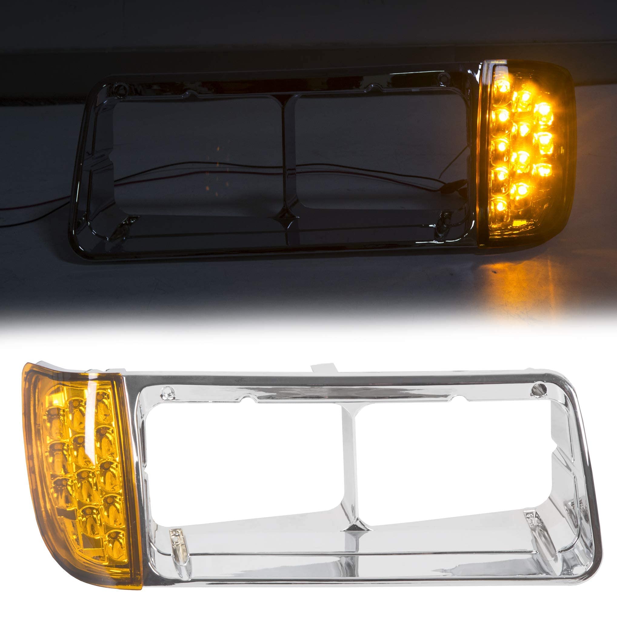 Hecasa Headlight Bezel W/Led Compatible With 1989-2002 Freightliner Fld120 Turn Signal Light Lamp 3 Wires Replacement For A06-20