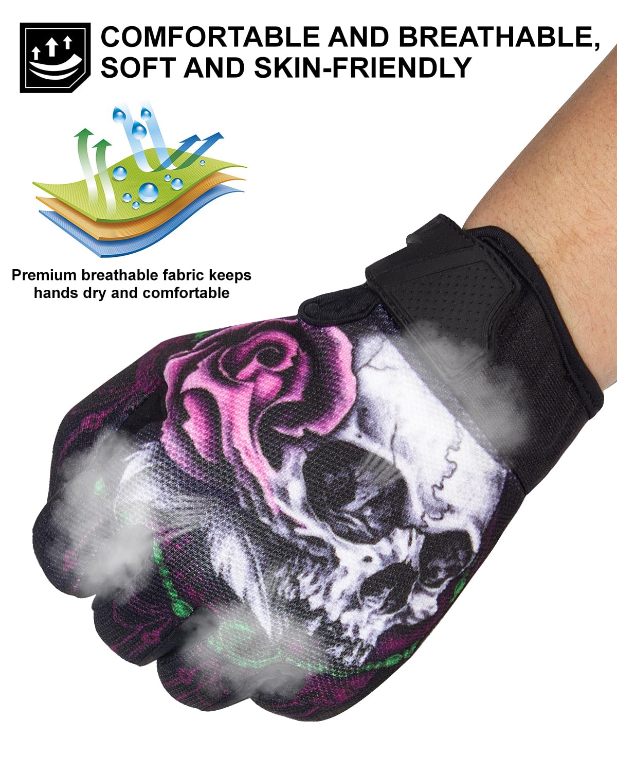RIGWARL Women's Motorcycle Gloves - Touchscreen, Breathable, Non-Slip, X-Large, Pink Skull