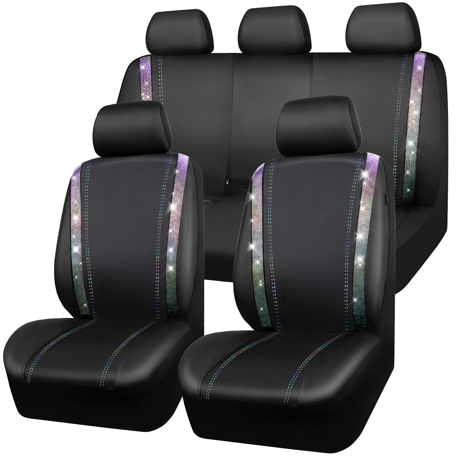 Car Pass Bling Car Seat Covers Full Set, Shining Rhinestone Diamond Waterproof Faux Leather, Rear With Zipper, Universal Fit Aut