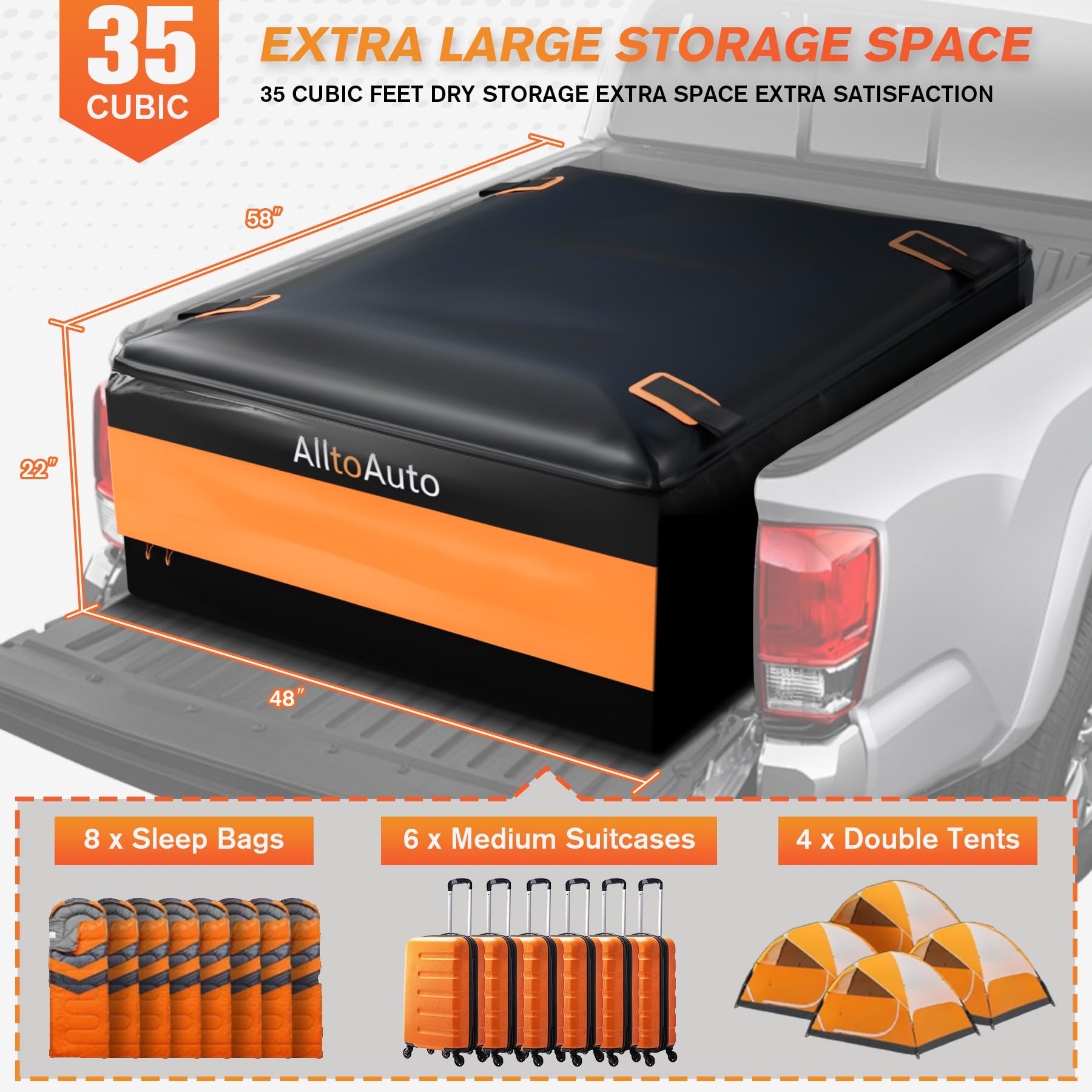 AlltoAuto Truck Bed Cargo Bag XL, 38 CU FT, 100% Waterproof PVC, Black & Orange, Fits Any Truck