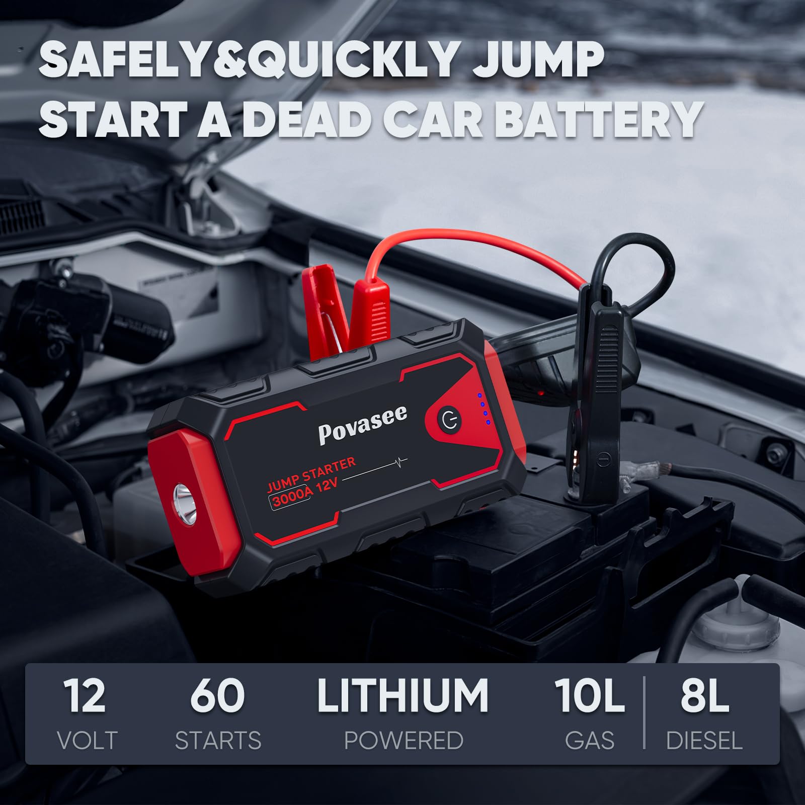 Povasee Jump Starter A30, 3000A Peak Battery Booster Pack, 12V for All Gas/8L Diesel, Black, 6.61 x 3.37 x
