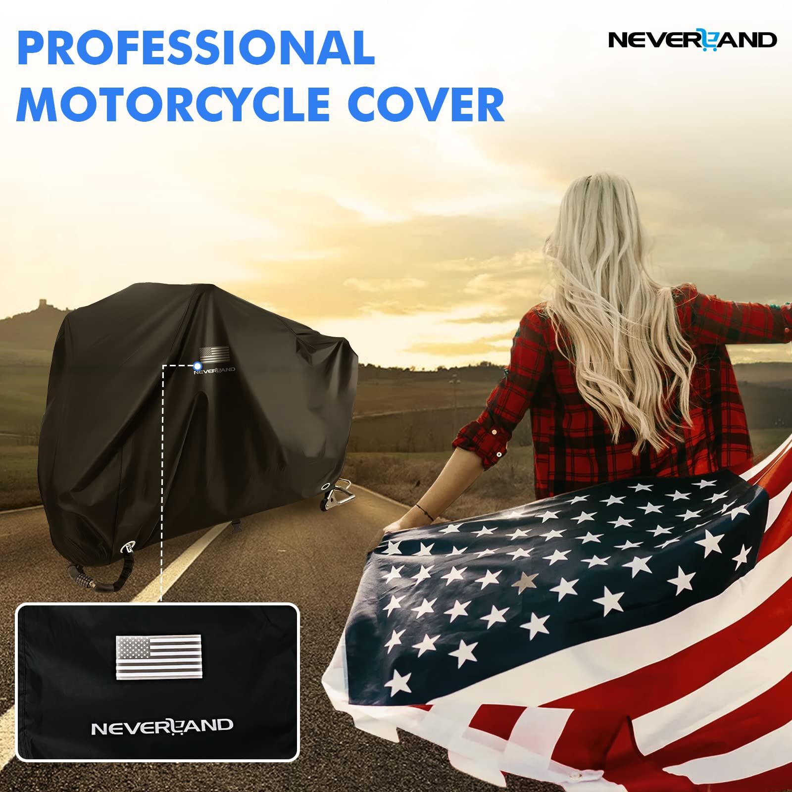 NEVERLAND Motorcycle Cover, Black Scooter Cover Waterproof Outdoor All Season, Motorbike Cover with Refletive Logo, Lock-Hole, B