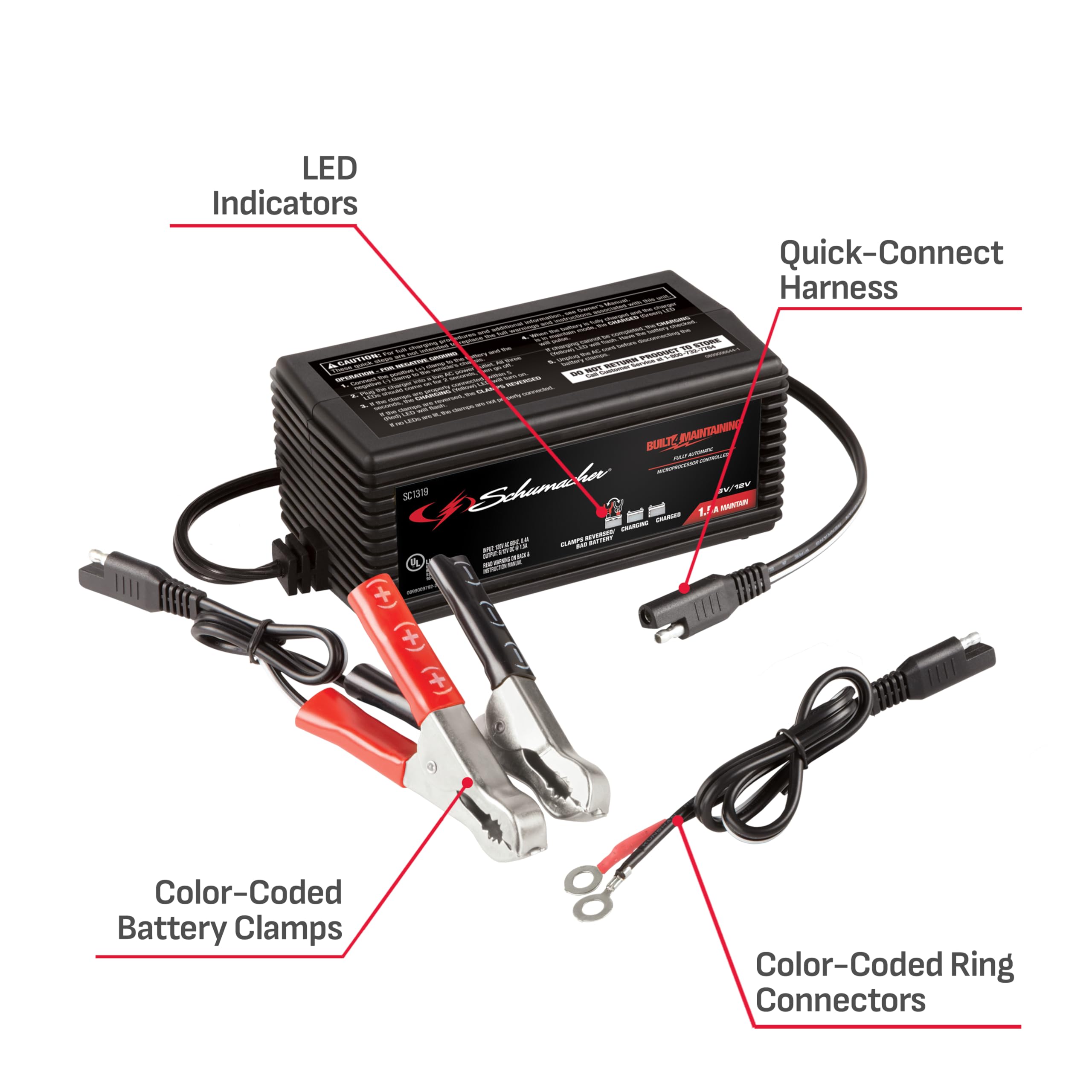 Schumacher Electric Battery Charger and Maintainer, 2-in-1, SC1319 - Fully Automatic, 1.5 Amp, 6 Volt and 12 Volt for Car, Power