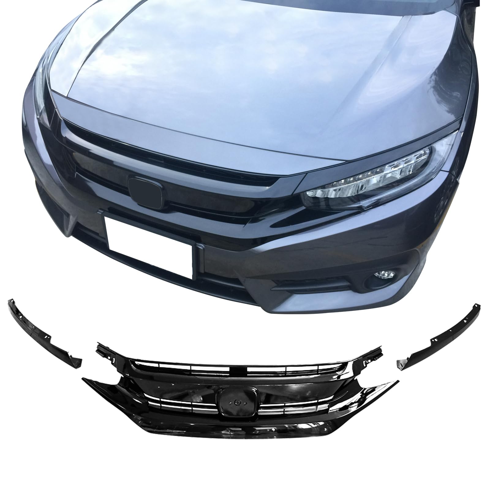 IKON MOTORSPORTS Front Upper Grille for 2016-2018 Honda Civic & 2019-2021 Civic Hatchback SI, Gloss Black ABS, Model HG-HC16OE3