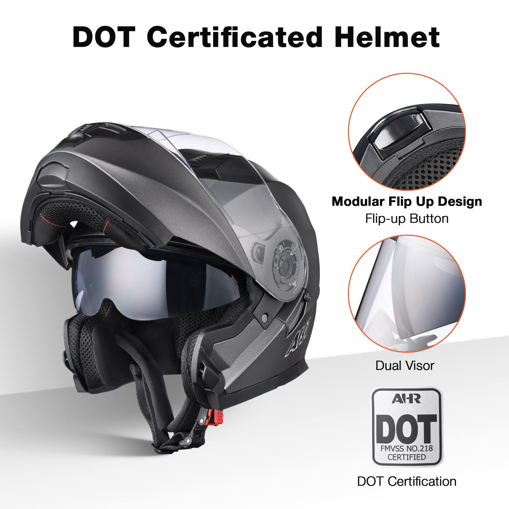 AHR Motorcycle Helmet Modular Full Face DOT Approved, Small, Dark Grey, Model RUN-M3, Durable ABS Material for Adult Motorbike Racing