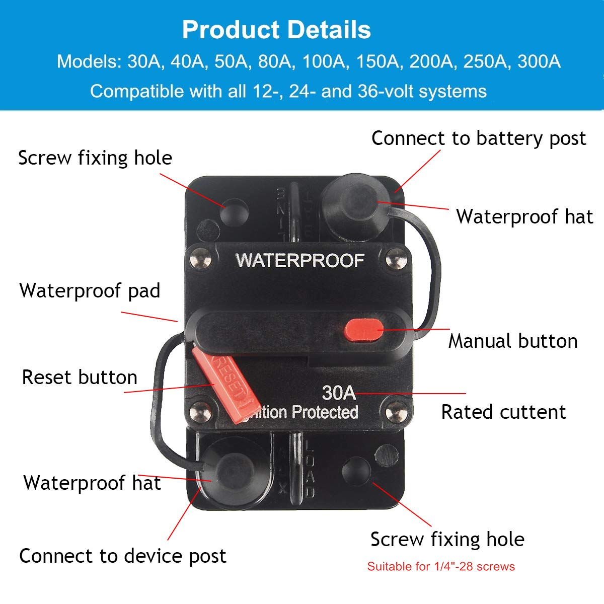Wohhom 40 Amp Circuit Breaker With Manual Reset 12V-36V Dc Waterproof Surface Mount For Car Audio Rv Marine Boat Truck Trolling