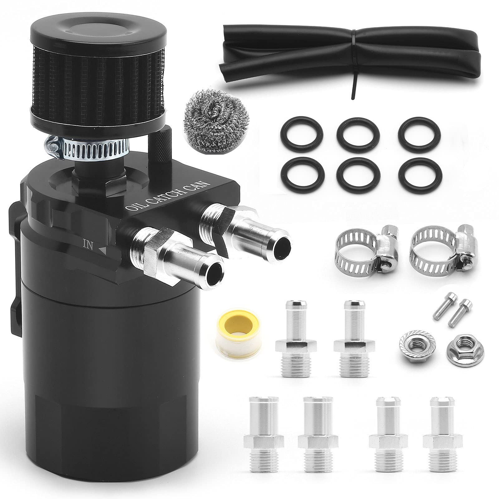 muge racing Universal Oil Catch Can Tank Kit Polish Baffled Reservoir with Breather Filter with 3/8'' Fuel Line,Aluminum,Black,4