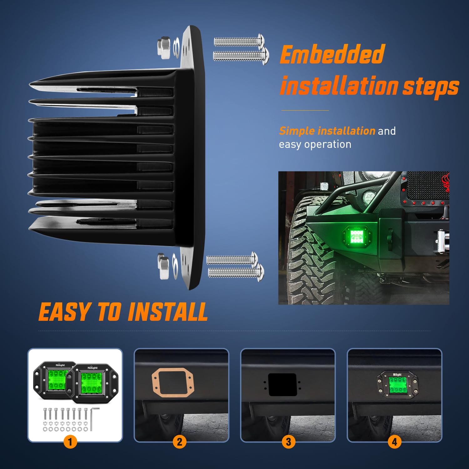 Nilight 42W Flush Mount LED Light Pods - Green Spot Flood Combo for UTV, Pickup, Van, Boat, Tractor - Model 14066C-G