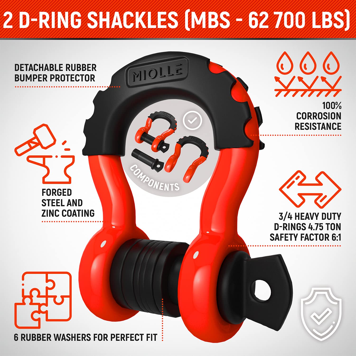 Miollegear Tow Strap 4   X30- 45000Lbs Mbs (Lab Tested) Recovery Strap Kit Includes: Tow Rope, 2 D-Ring Shackles Mbs- 62700Lbs,