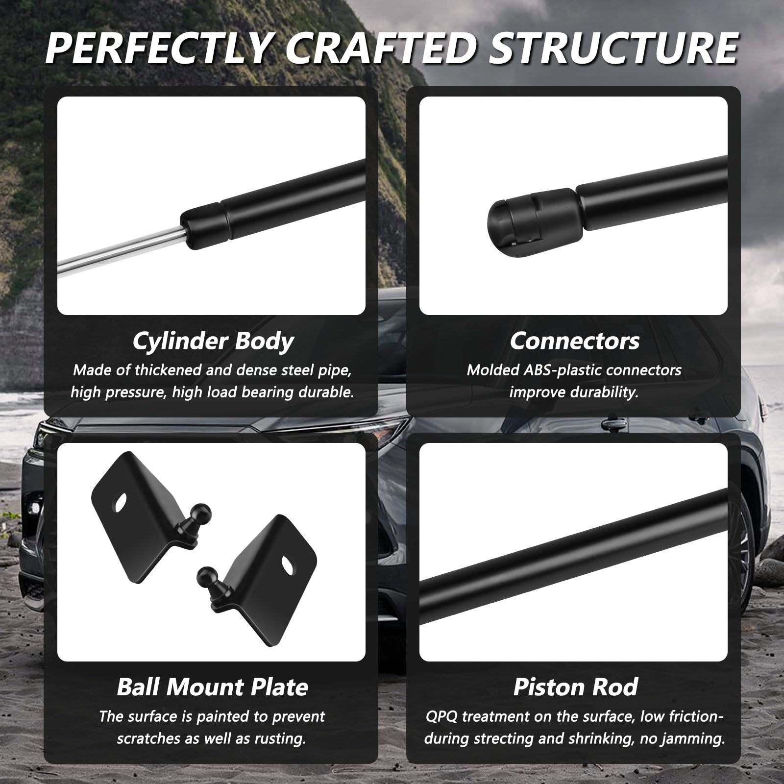 TECHPICCO Hood Struts for 2024-2025 Grand Highlander | No Drill Gas Springs | Black Stainless Steel Lift Supports
