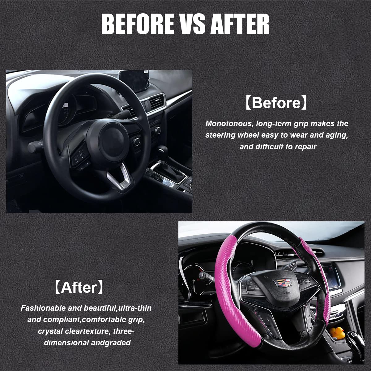 Car Steering Wheel Cover, Carbon Fiber Pu Leather Segmented Steering Wheels Protector, Breathable Anti Slip Durable Auto Interior Accessories For Women Men, 15 Inch Universal For Most Cars (Pink)