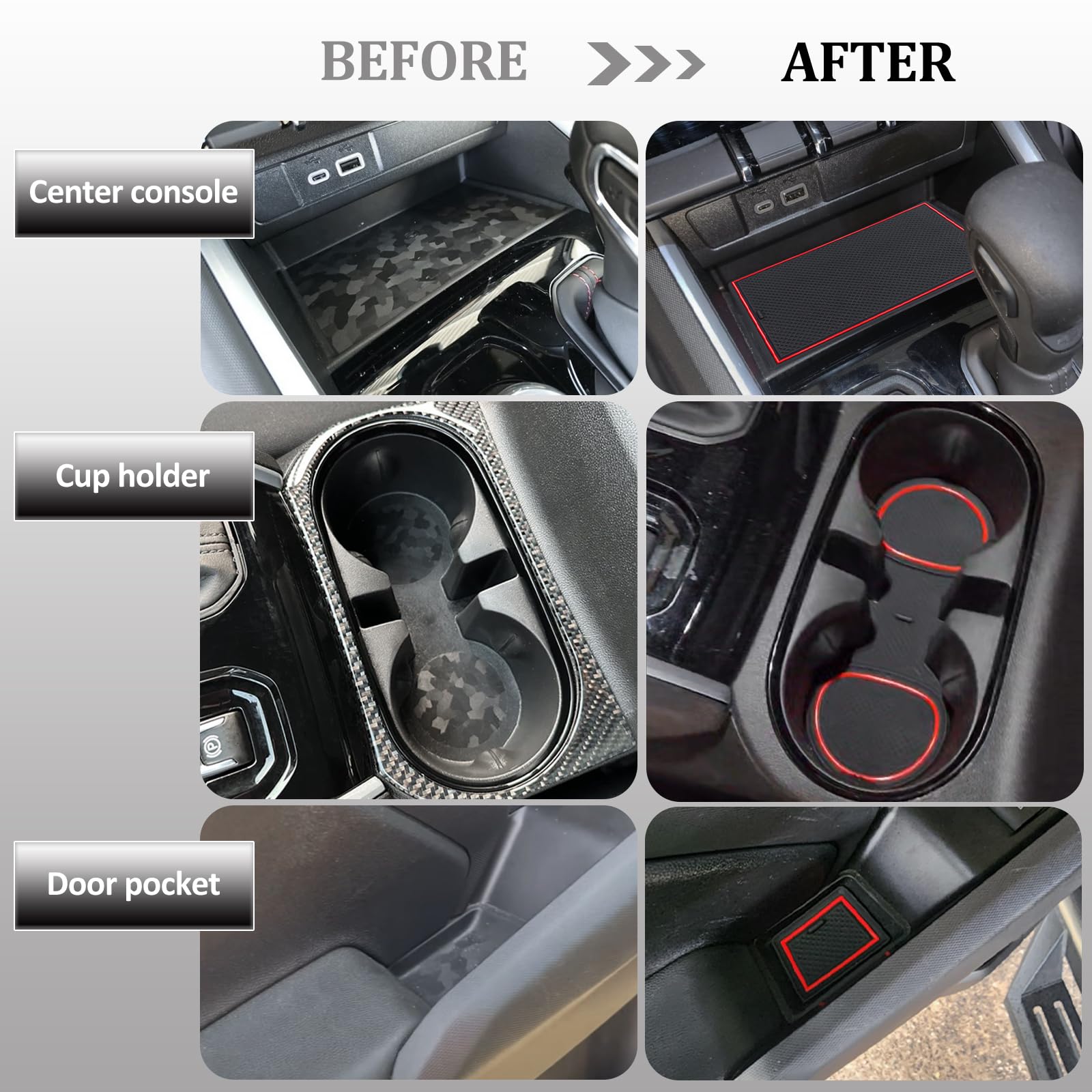 JDMCAR Custom Liner Accessories for 2023+ Chevy Colorado/GMC Canyon - 17 PCS Red Rubber Mat Kit for Cup Holder, Center Console, and Door Pockets