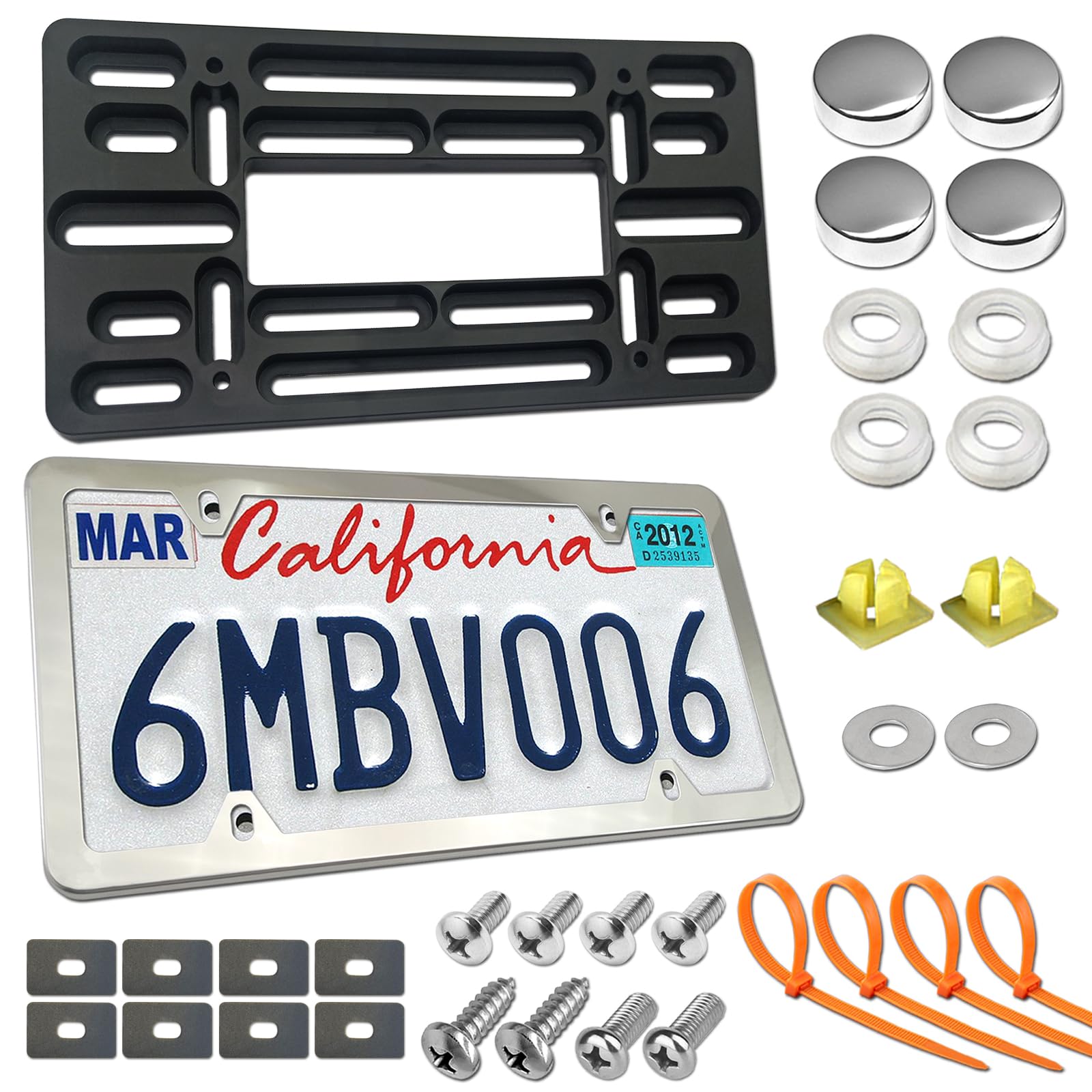 Zxfoog Front License Plate Mounting Kit- Front Bumper License Plate Bracket & Stainless Steel Car Tag Frame, Universal No Drilling Hole Adapter For Car/Truck/Trailer, With Screws Cap, Rattle Proof Pad