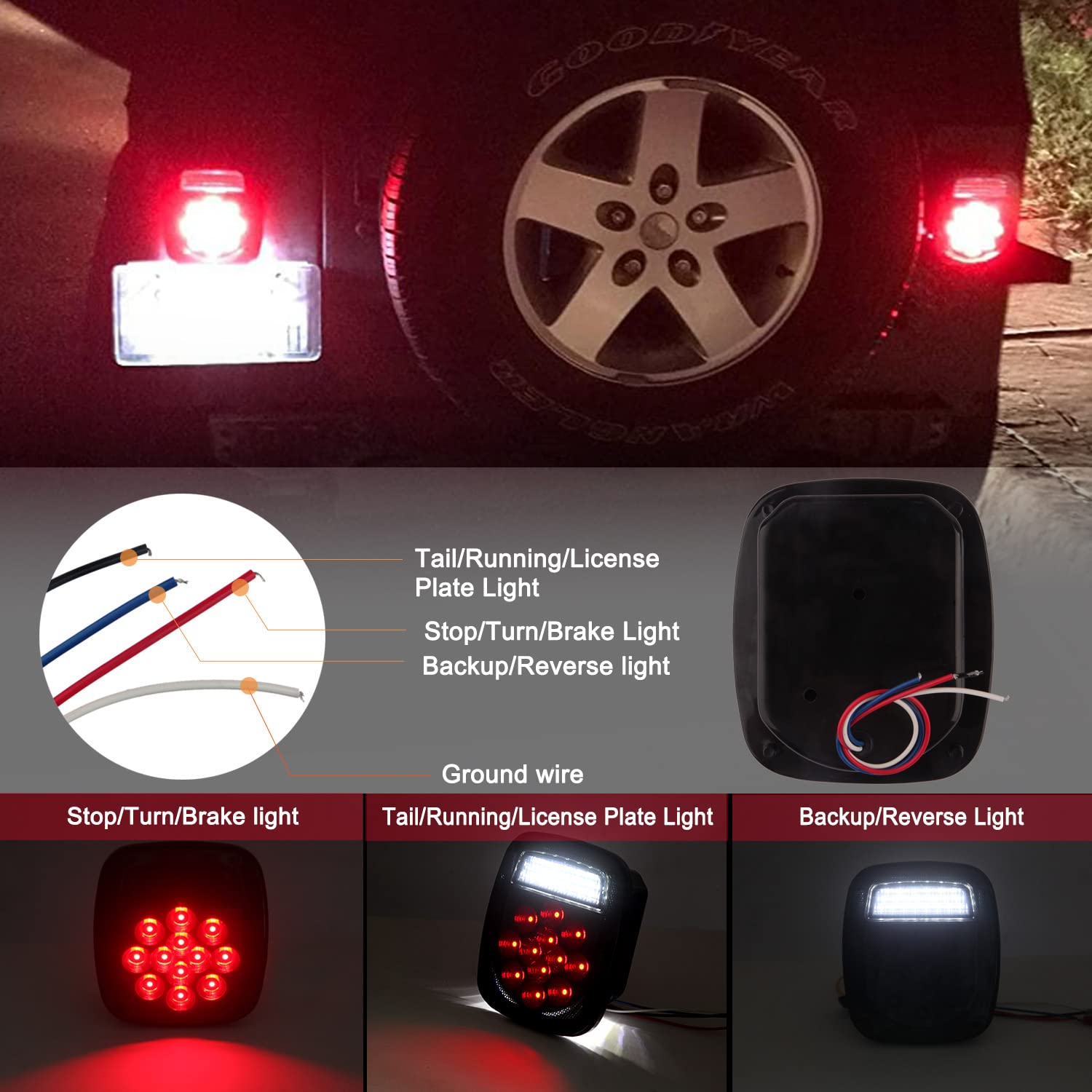 Konrali 2Pcs Smoked LED Tail Lights Assembly for Wrangler CJ TJ YJ, Model KON-NM01-39SRD, with License Plate & Backup Lights