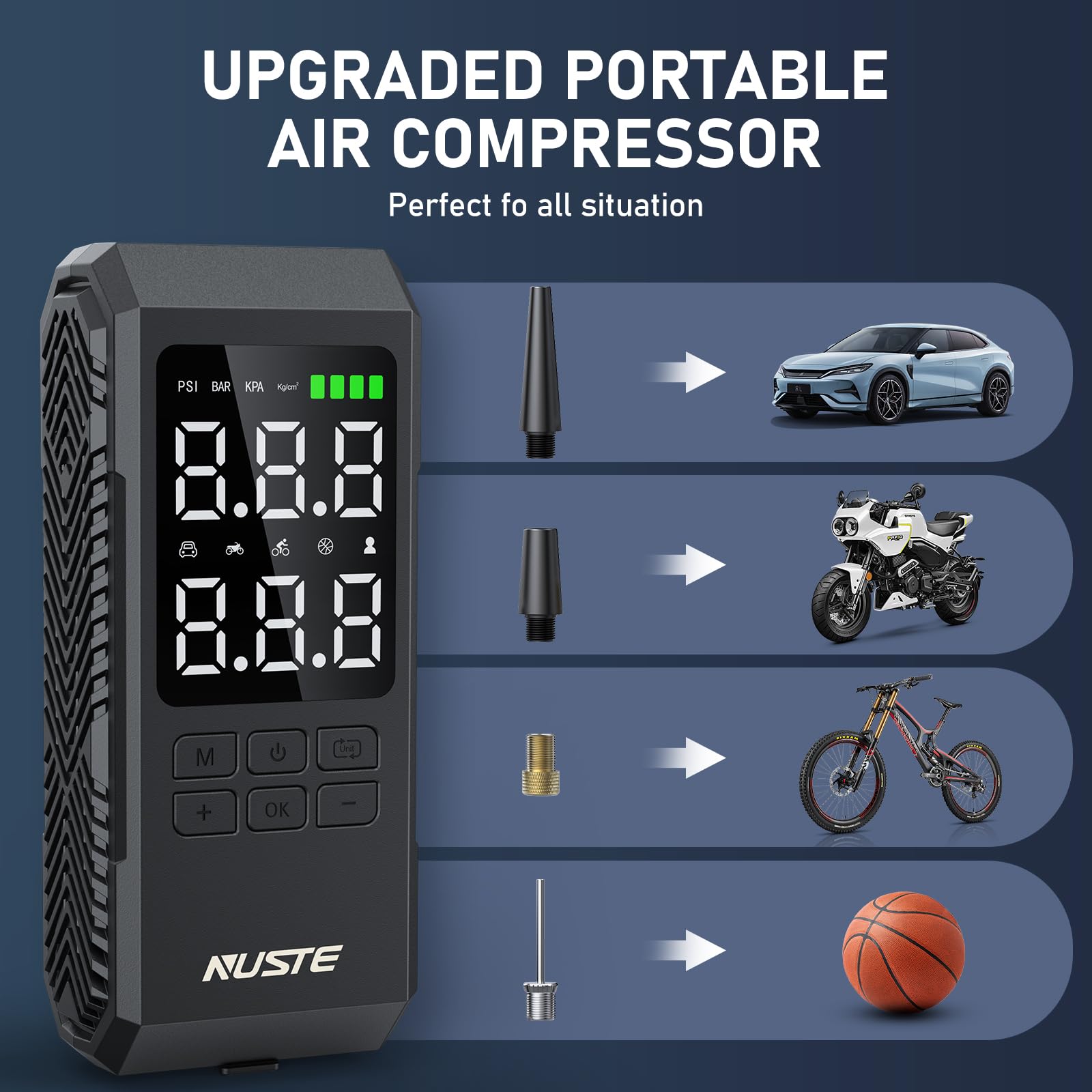NUSTE Portable Tire Inflator Air Compressor, Digital Pressure Gauge, 150PSI, Rechargeable, Small, Black, Model Q12