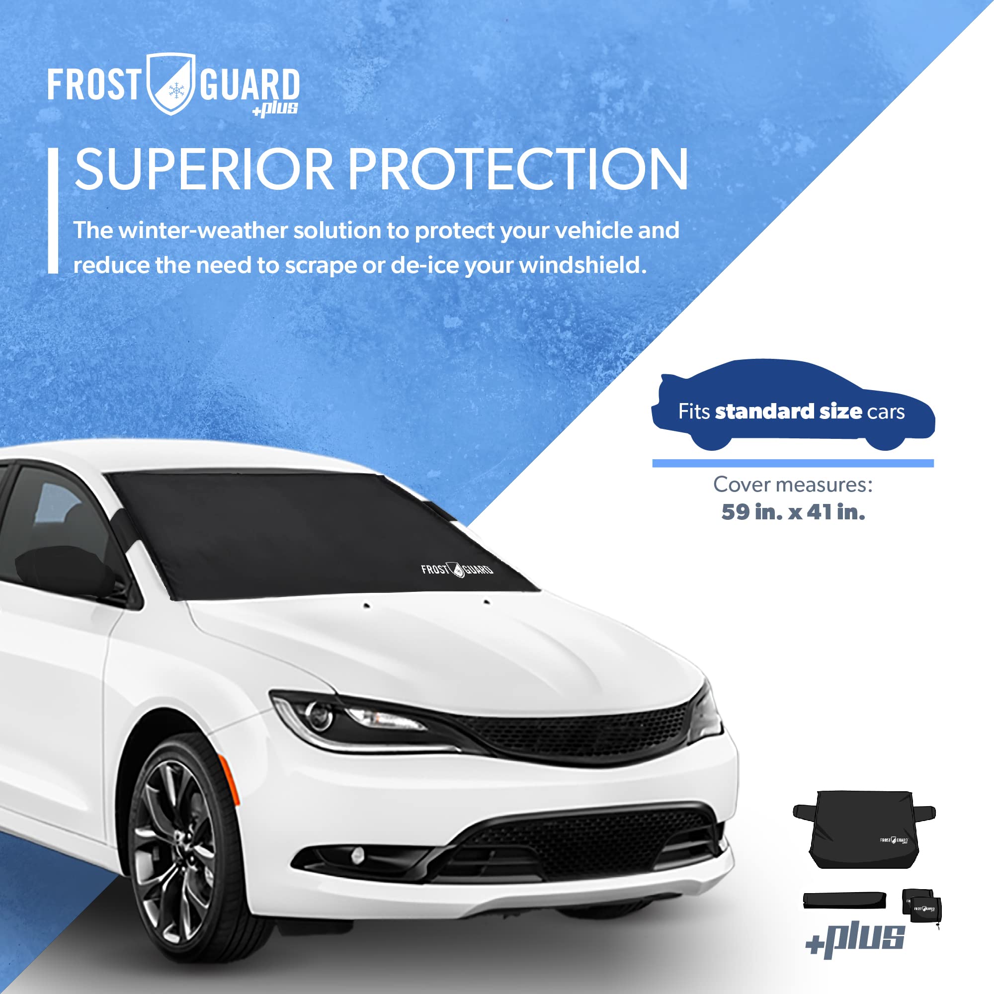 FrostGuard Plus Winter Windshield Cover, Standard Size 59x41 Inches, Black, Polyester, with Security Panels and Mirror Covers