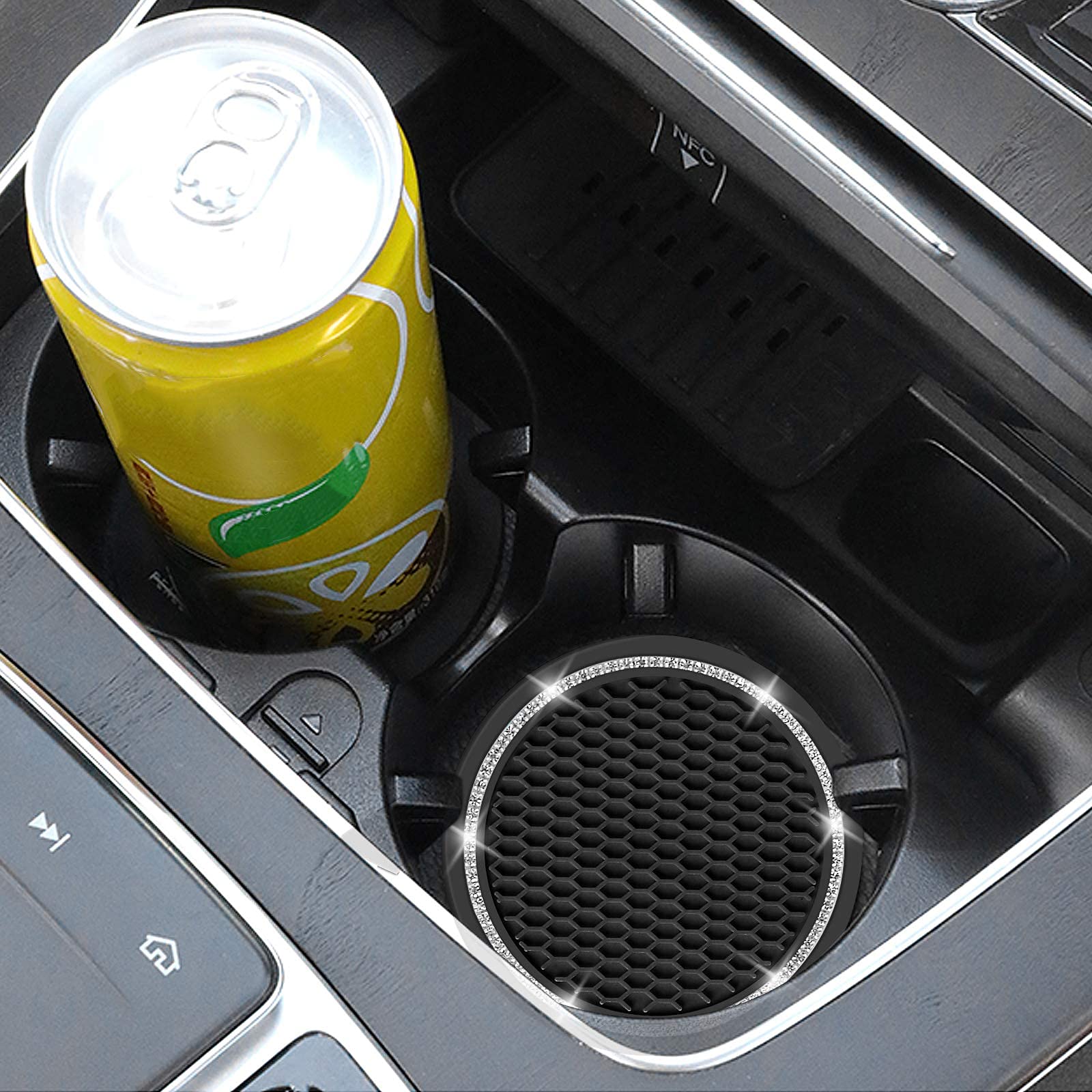 Car Coasters, 4 Pack Universal Vehicle Bling Car Coaster, Cocases Crystal Rhinestone Coaster For Cup Holders, Car Interior Accessories 2.75'' Silicone Anti Slip Car Coasters For Women ( Black )