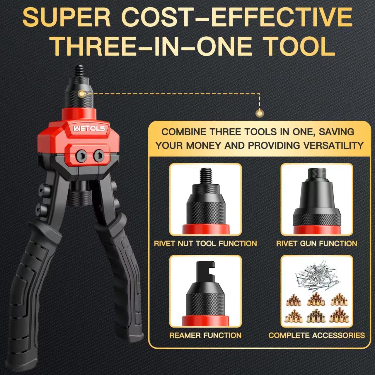 WETOLS 3 in 1 Rivet Nut Tool Kit, WE-890, Includes Rivet Gun, 5 Heads, 6 Mandrels, 50 Rivets, 60 Nuts,