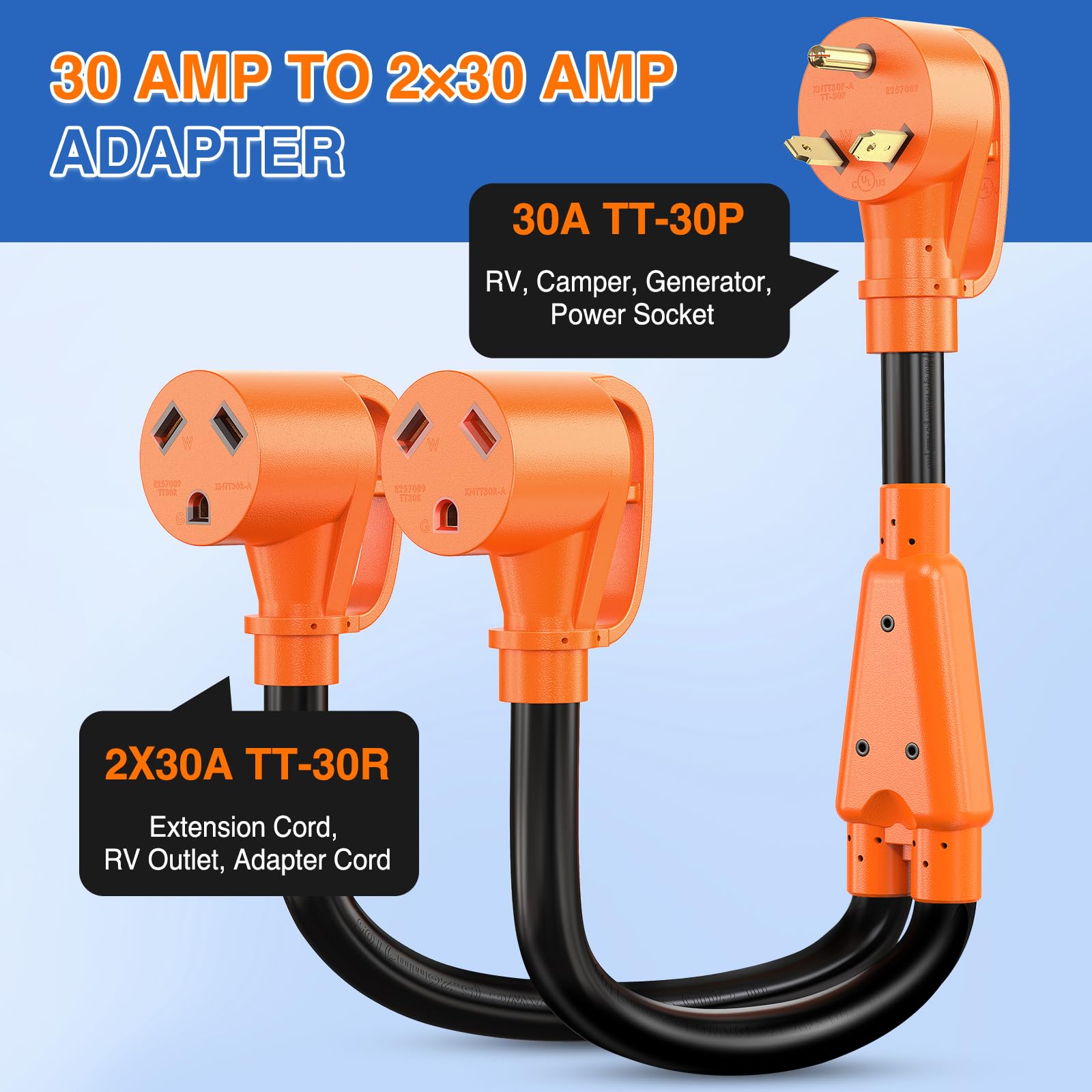 Nilight 30 Amp Rv Y Splitter Adapter Cord 30A Male Plug To Two 30A Female Receptacle Nema Tt-30P Tt-30R Pure Copper Heavy Duty H