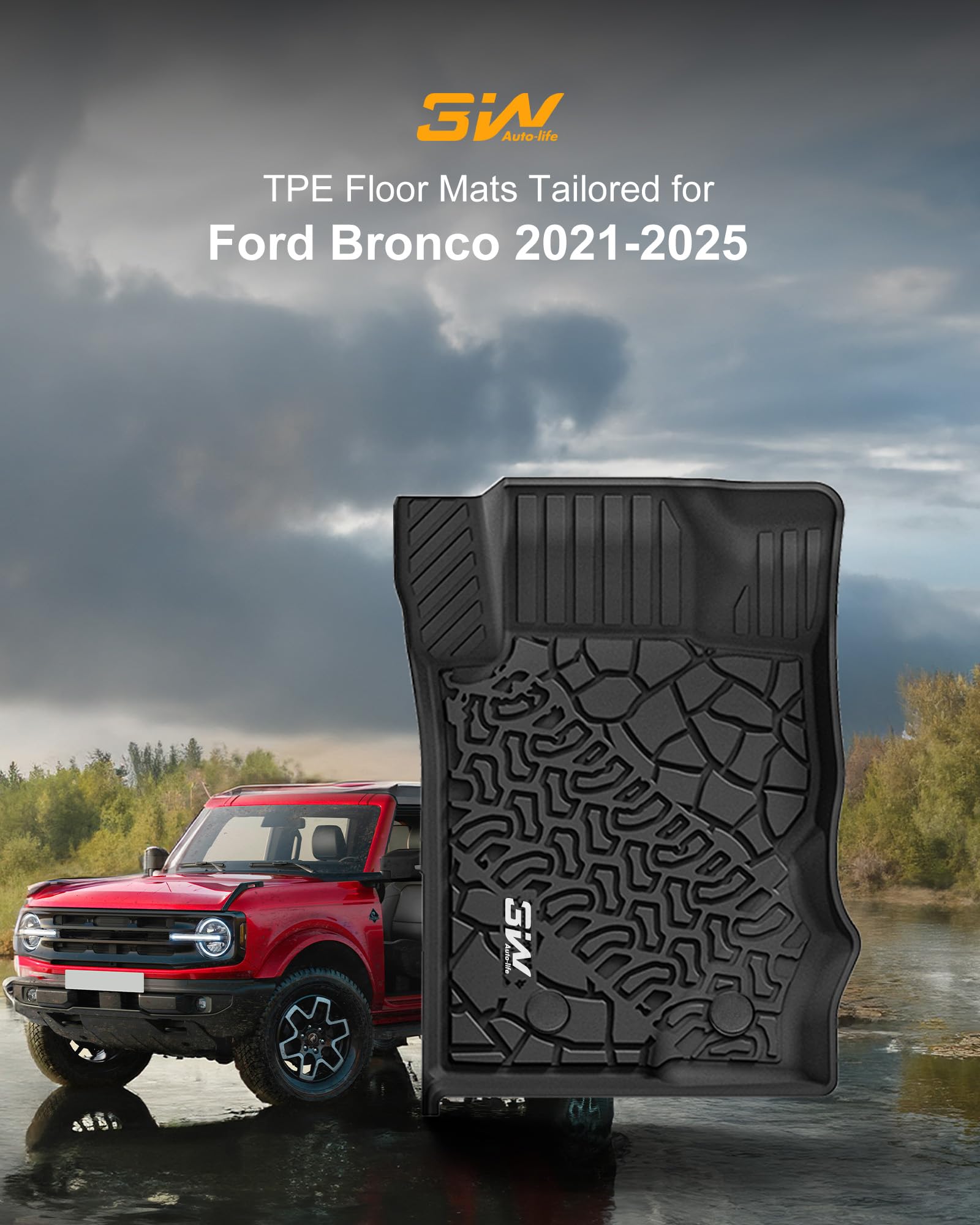 3W Floor Mats Fit For 2021 2022 2023 2024 2025 Ford Bronco 4 Door Tpe All Weather Car Accessories Custom Fit Floor Liner 1St And