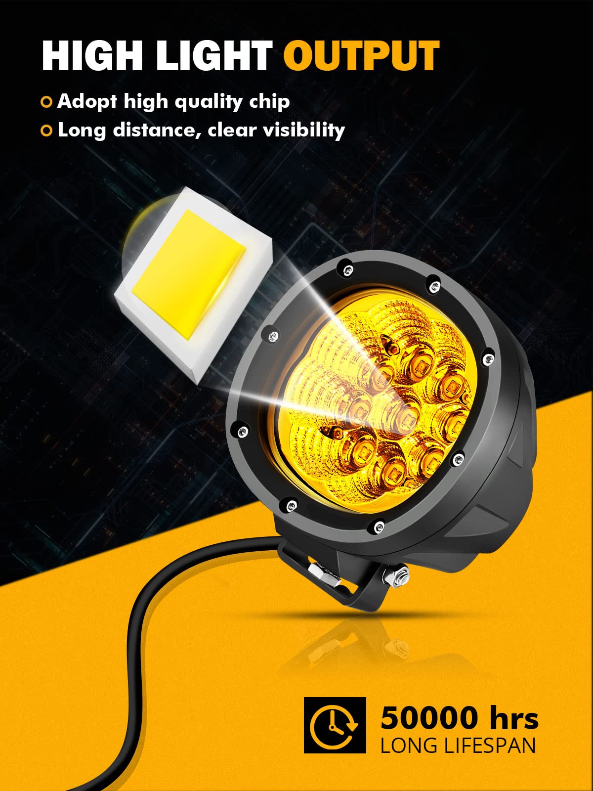 Auxbeam 4 Inch Amber Round LED Driving Lights, 90W 9000LM Off-Road Fog Pods, Aluminum & Polycarbonate, Model ZD000750-FBA