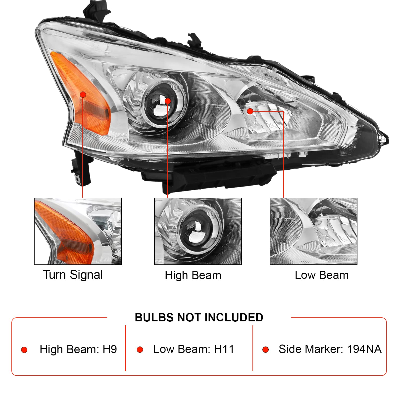Alziria Headlight Assembly Compatible With 2013 2014 2015 13 14 15 Nissan Altima 2013-2015 13-15 Nissan Altima S/Sl/Sv-Only Fit