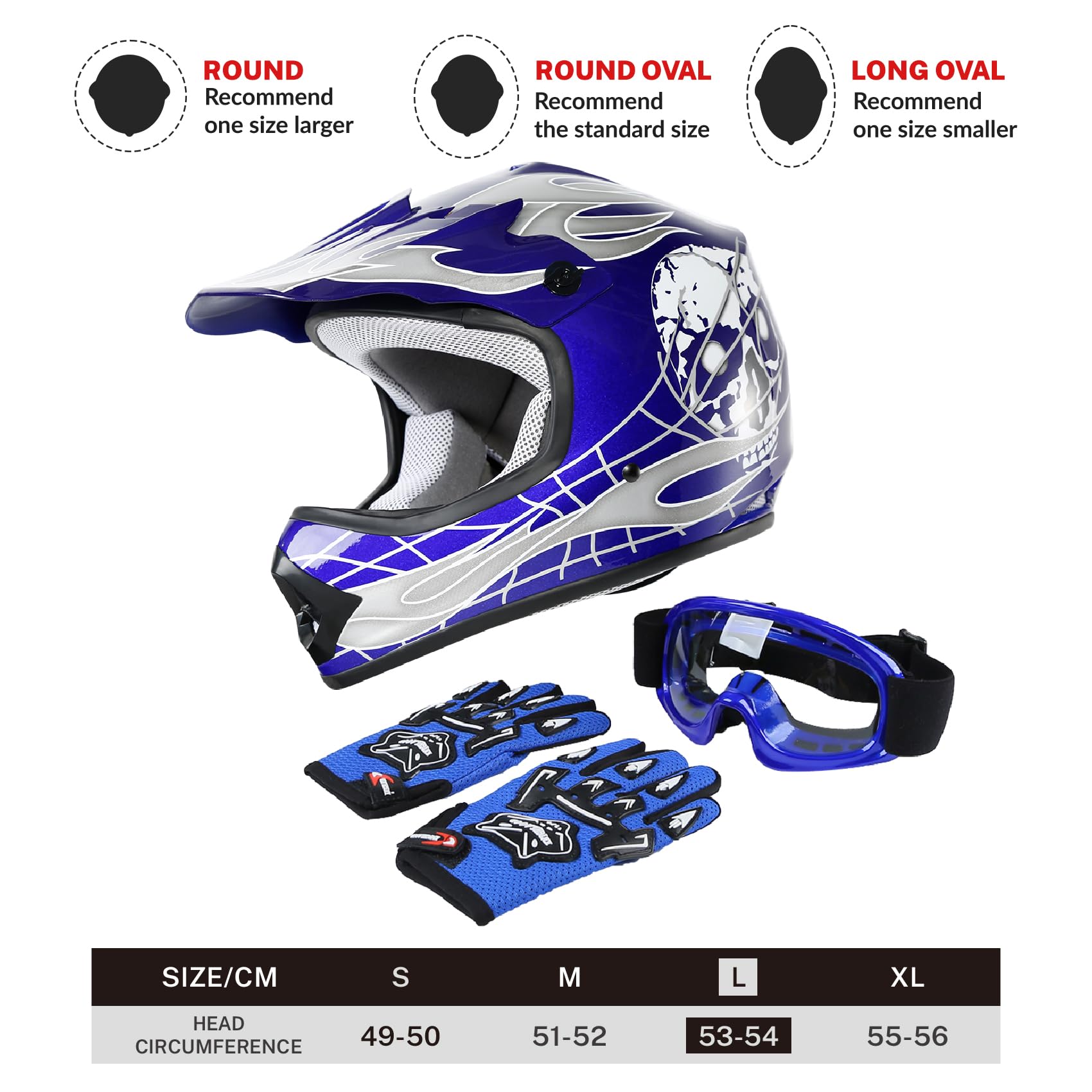 Slmoto Dot Youth & Kids Motocross Offroad Street Helmet Blue Skull Motorcycle Youth Helmet Dirt Bike Motocross Atv Helmet+Goggle