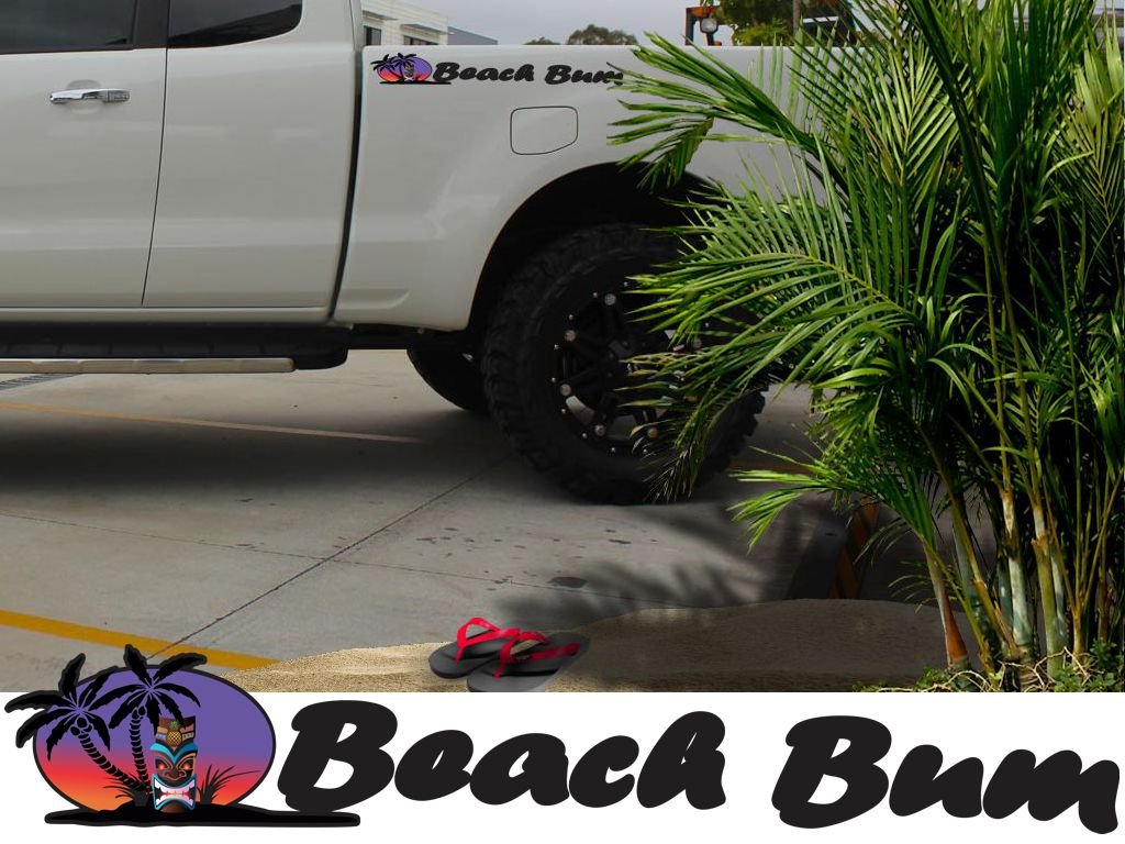 Beach Bum Decals With Tiki & Palm Tree - 2Pc Hood Decal Set - Made For: Wrangler Islander Sport Yj Tj Jk Jku X - Car Truck 4X4 D