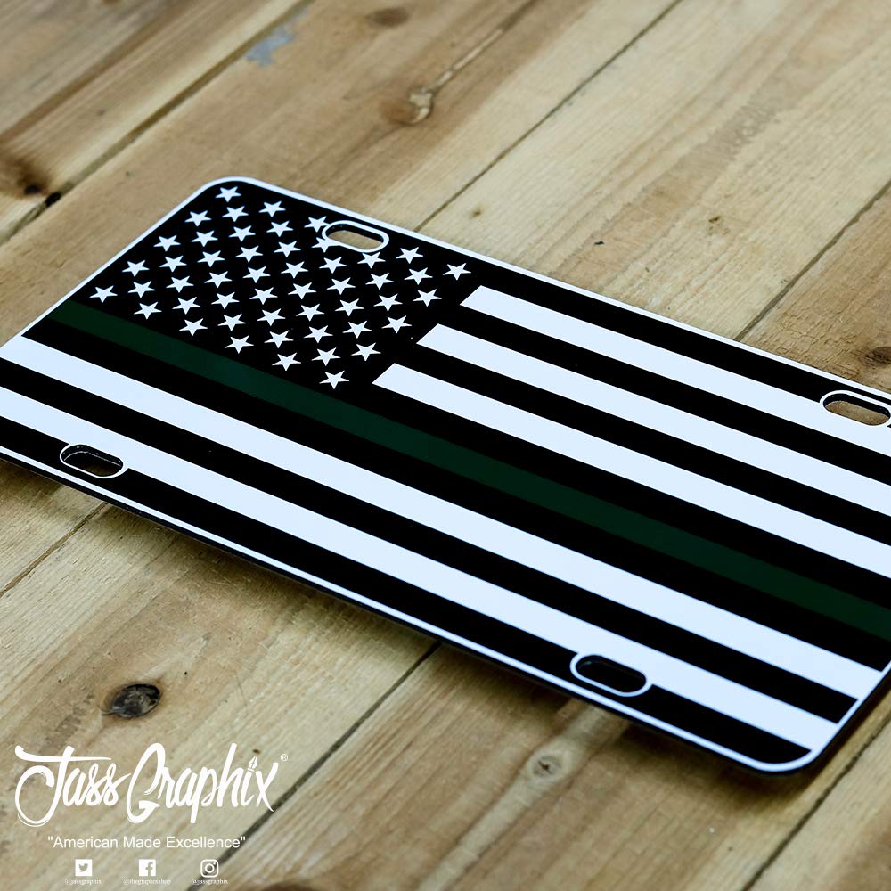 Jass Graphix Thin Green Line American Flag License Plate Heavy Duty Tactical Patriot Usa Car Tag (Black On White W Green)