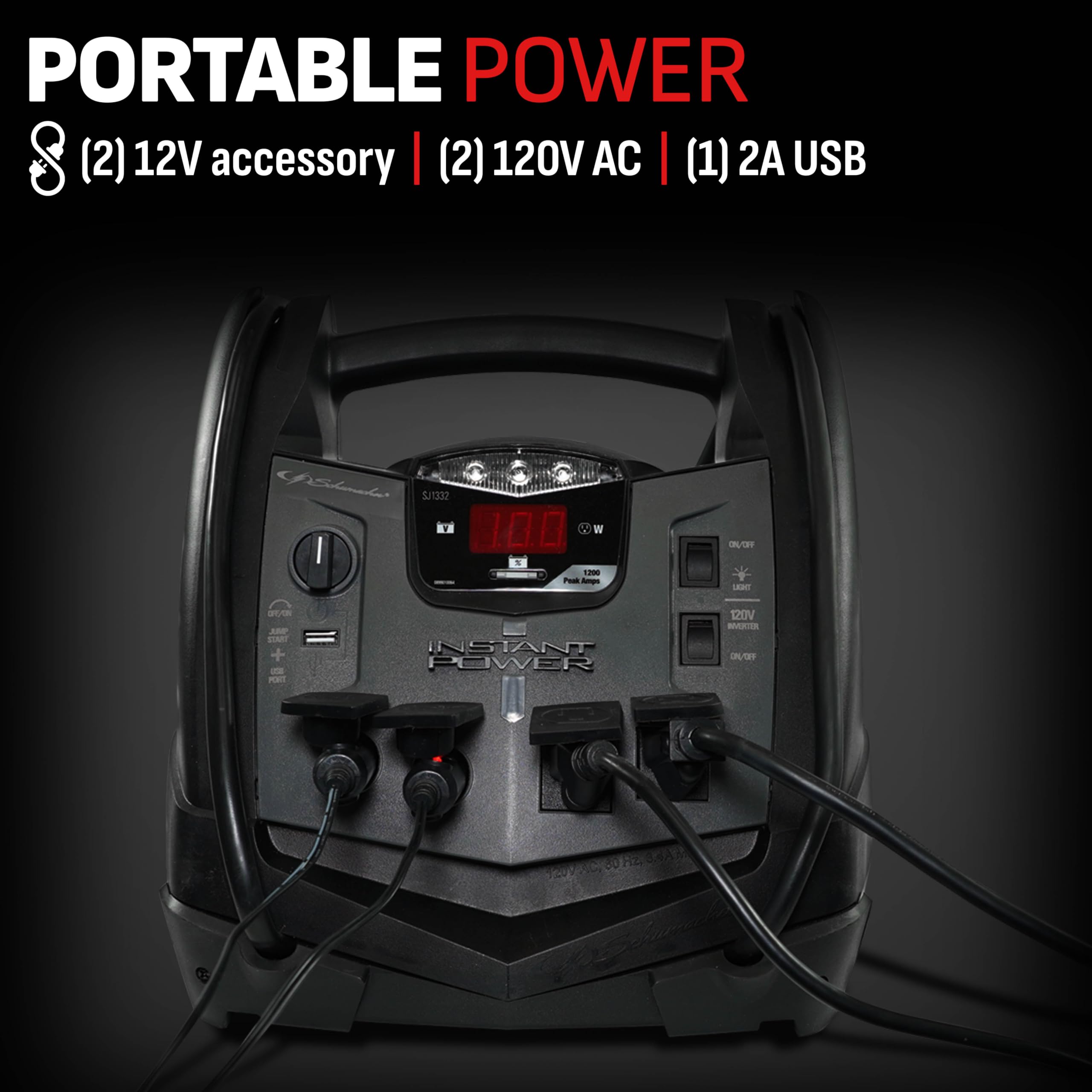 Schumacher SJ1332 Portable Power Station & Jump Starter, 1200 Peak Amps, 150-PSI Air Compressor, 200W Inverter, Black