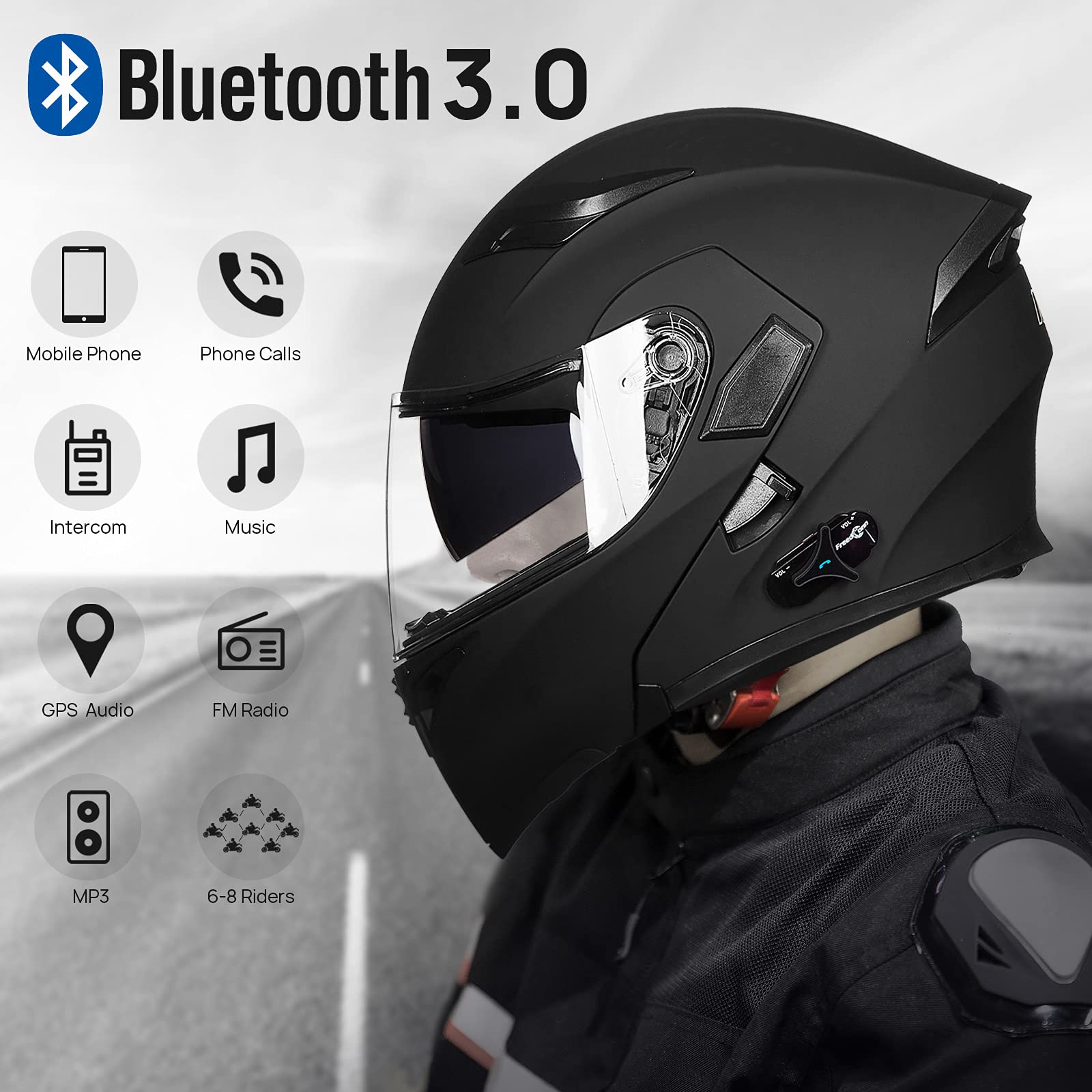 ILM Bluetooth Motorcycle Helmet Modular Full Face Dual Visor, Medium, Pro Matte Black, Model BM2-S 902, Intercom & FM Radio