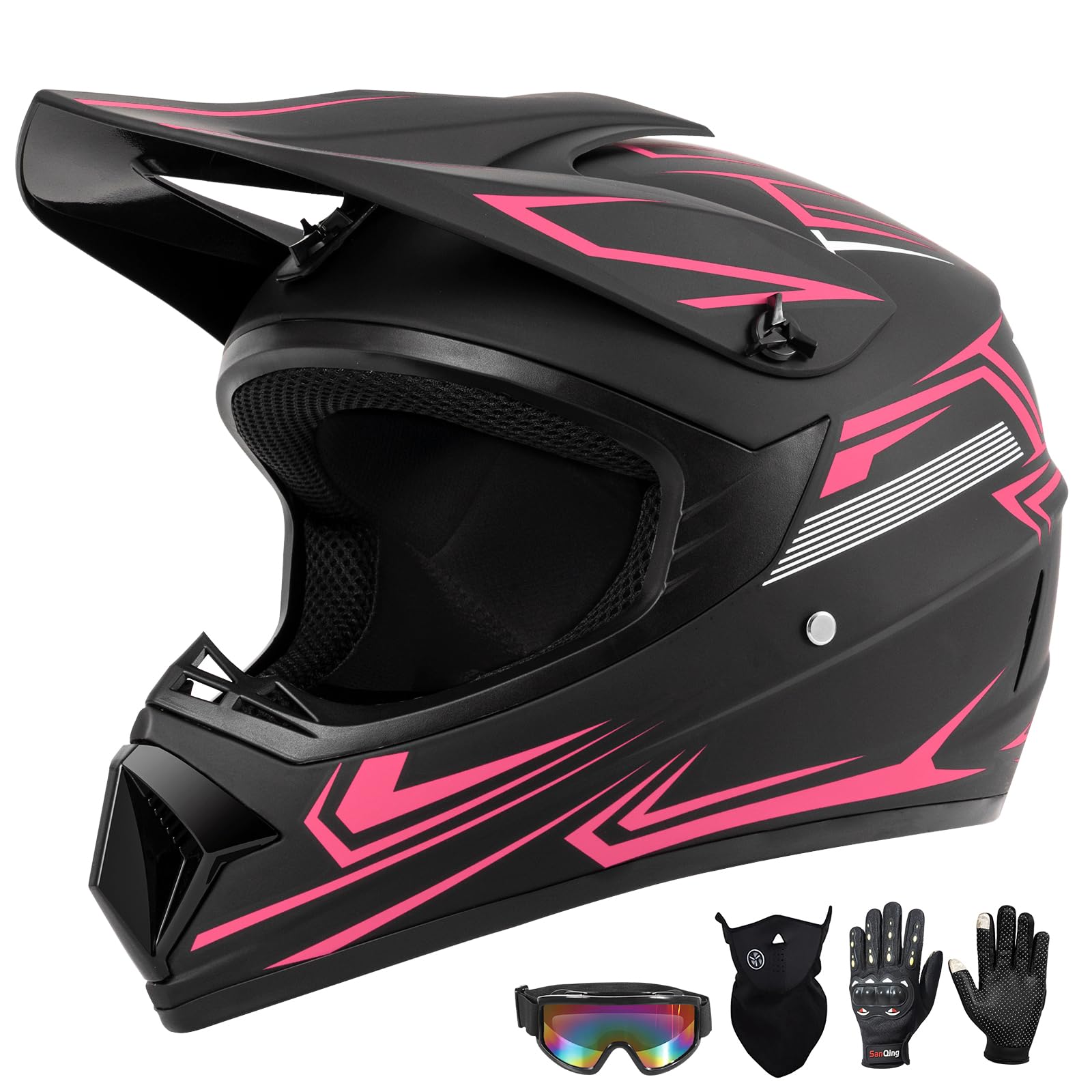 Youth Kids Dirt Bike Motocross Helmet (Goggles Gloves Face Mask) 4PCS Set, DOT Approved Girls Full Face Motorcycle Helmets, ATV 