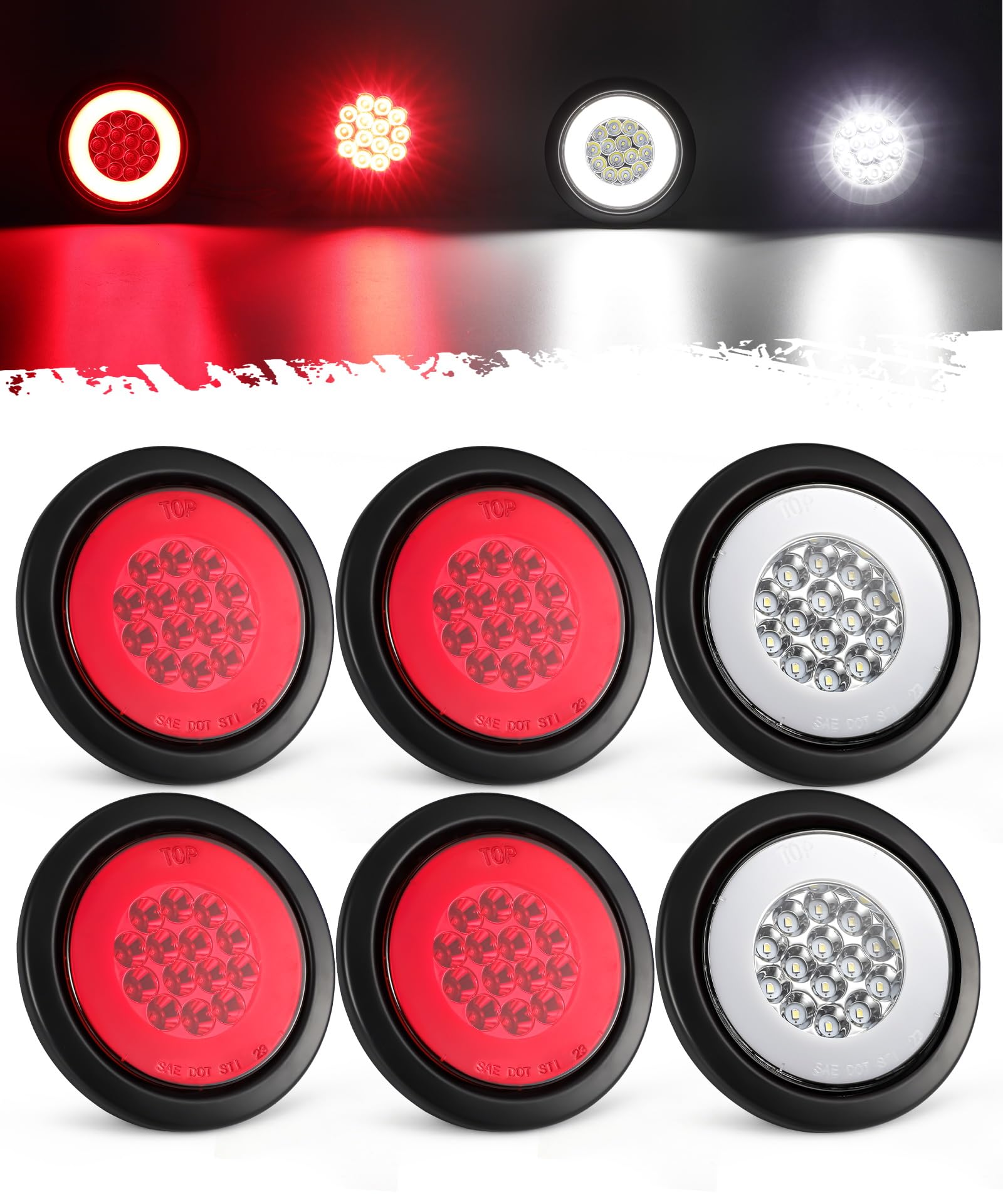 Partsam 6Pcs 4 Inch Round 32LED Trailer Tail Lights 4 Red 2 White with Halo Glow Stop Turn Tail Running Light Lamps Rubber Gromm
