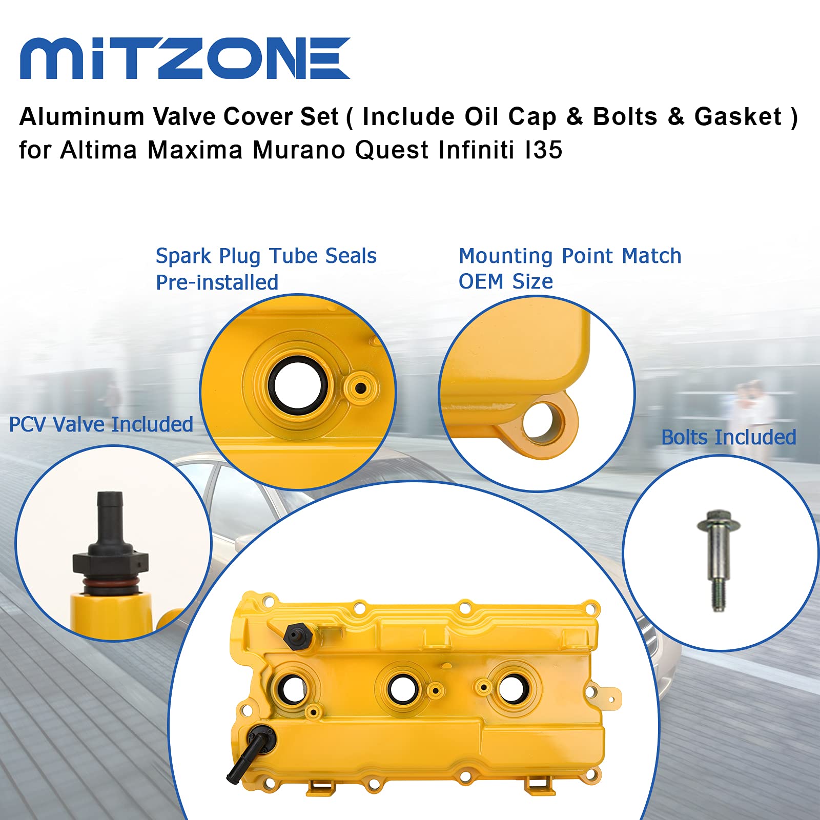 MITZONE Aluminum Valve Covers for 2002-2009 Nissan Altima, Maxima, Murano, Quest, Infiniti i35 – Yellow Front & Rear Set