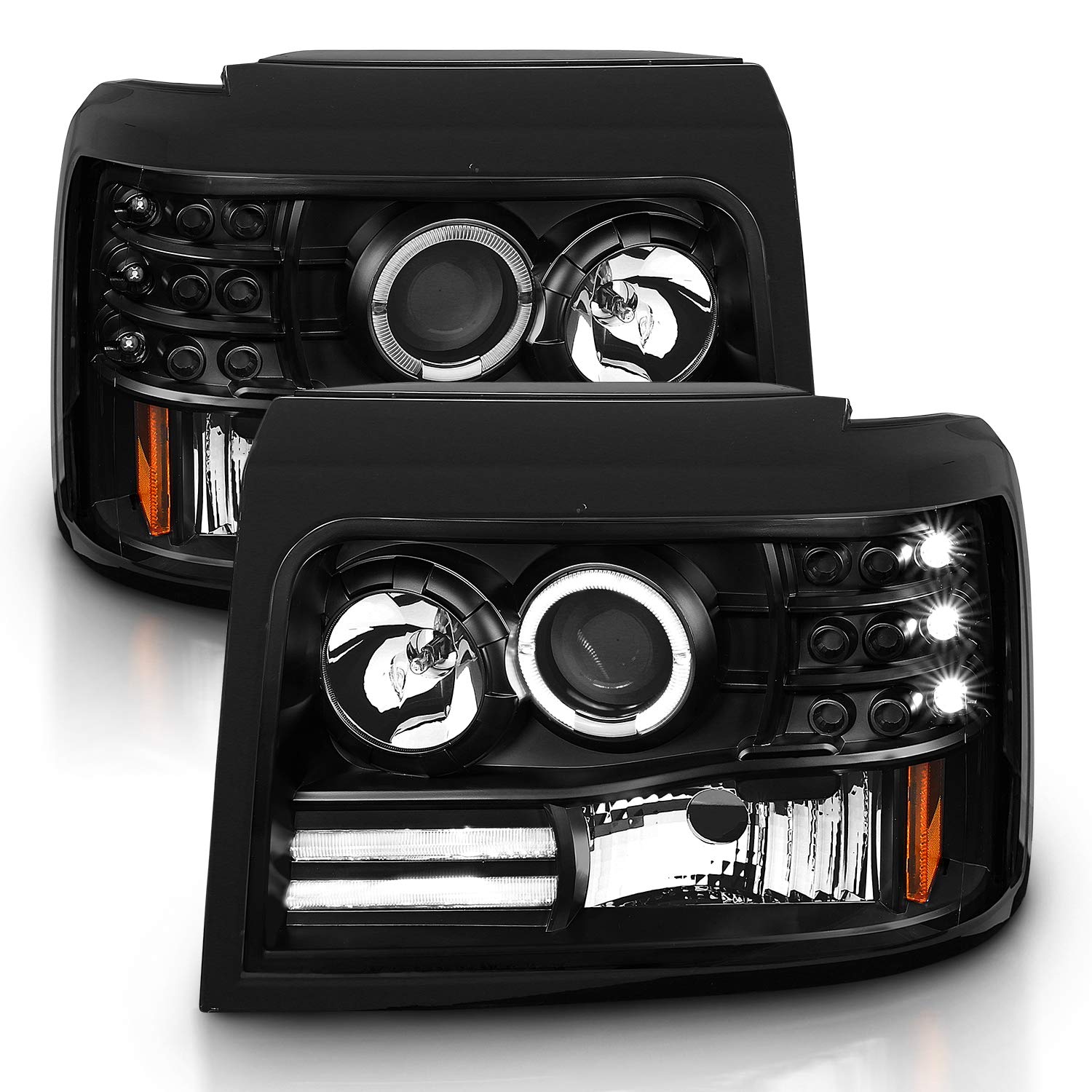 AmeriLite LED Halo Bar Projector Headlights Set for Ford F-150/F250/F350/Bronco - Black, Left & Right Side Vehicle Light Assembly