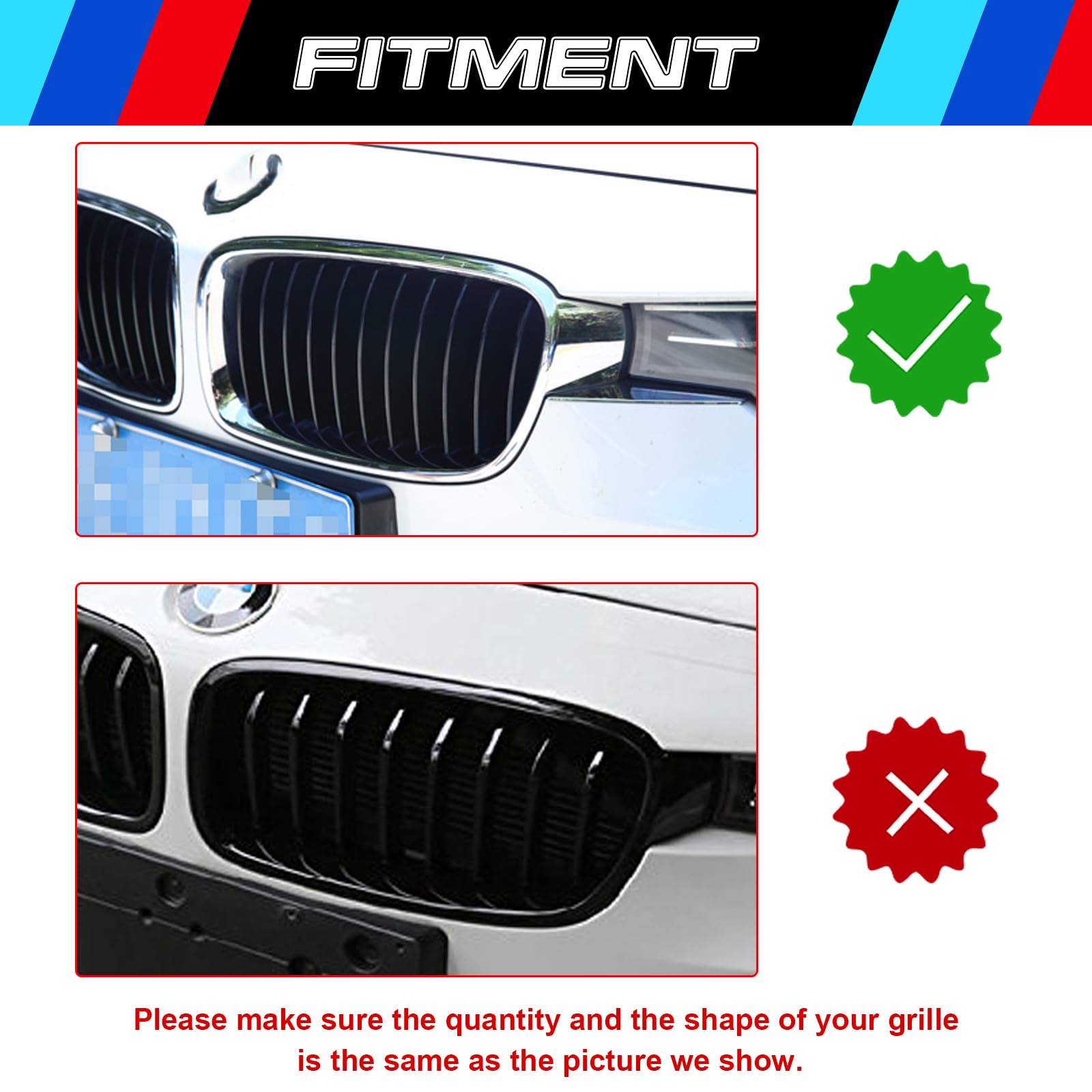 Xotic Tech M-Colored Tri Grille Insert Trims for BMW 3 F30 4 Series F32 435i, ABS Plastic, Front Center Kidney Grilles, 11 Beam Bars