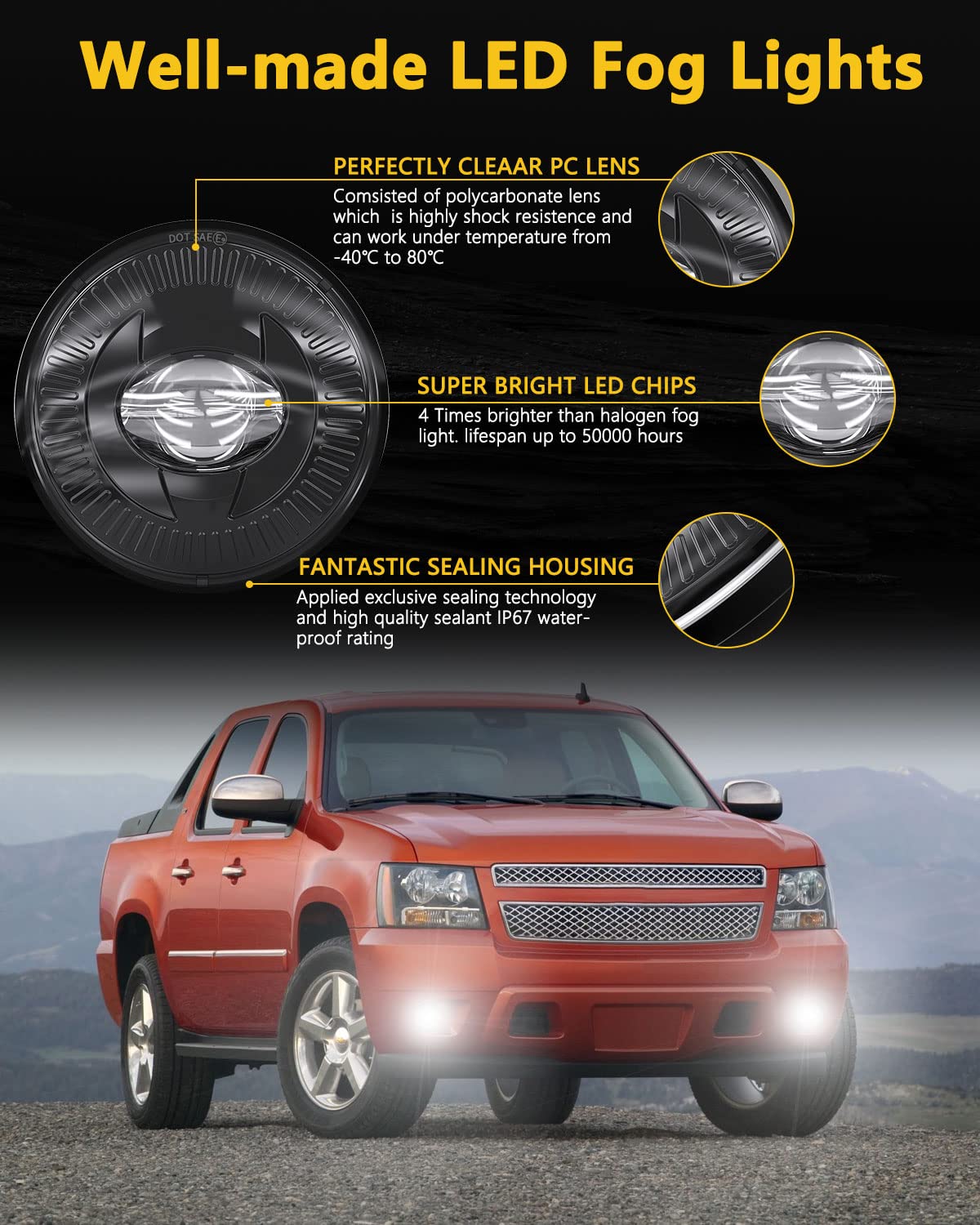 BICYACO 5202 Led Fog Lights - Die-cast Aluminum, Black, Compatible with 07-16 Silverado, Tahoe, Yukon, Camaro, Acadia, Mustang, Pontiac G8