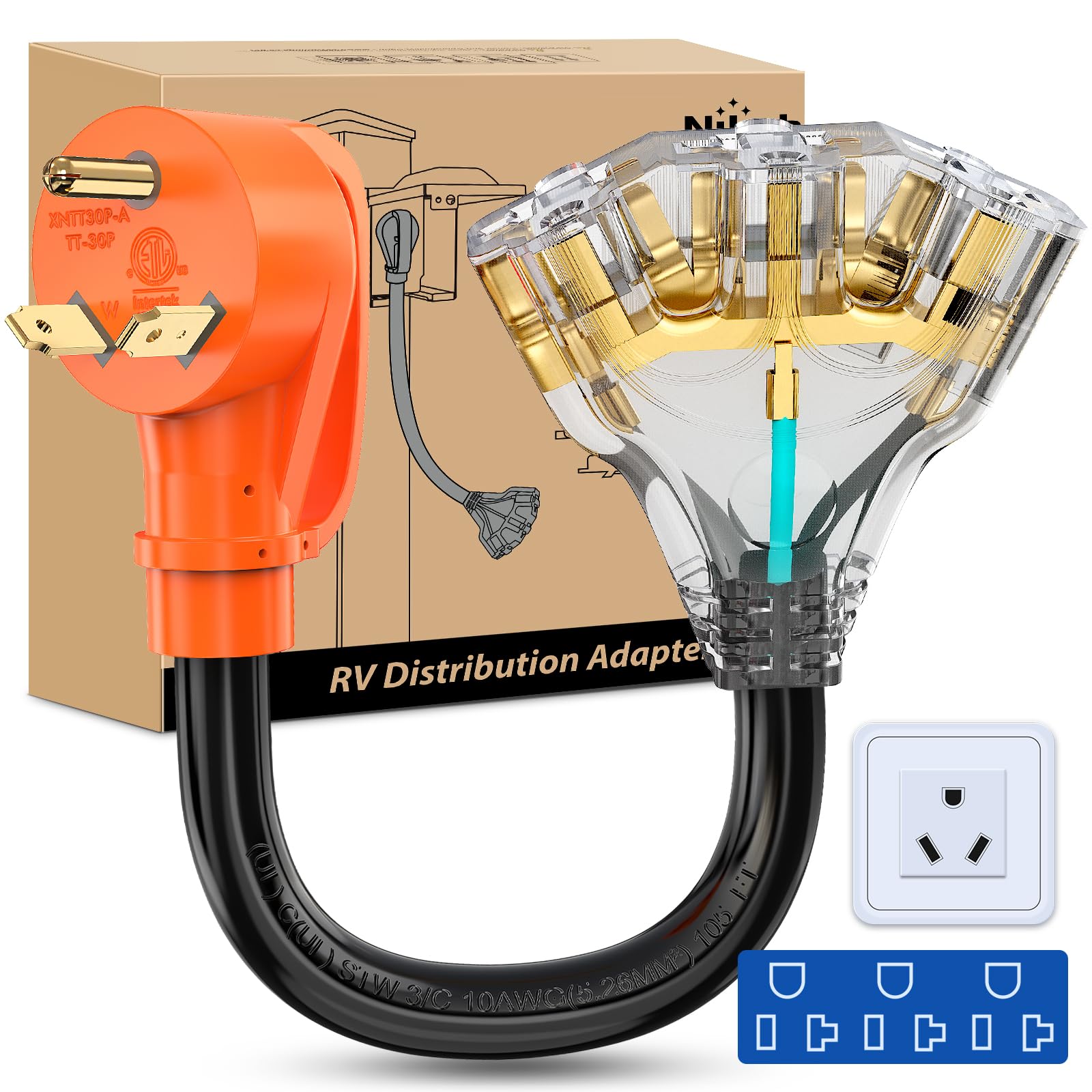 Nilight 30 Amp To 110V Rv Adapter Cord 30 A To 15A Rv Distribution Adapter Cord 3 Prong Tt-30P Male To 3X 5-15R/5-20R Female Etl