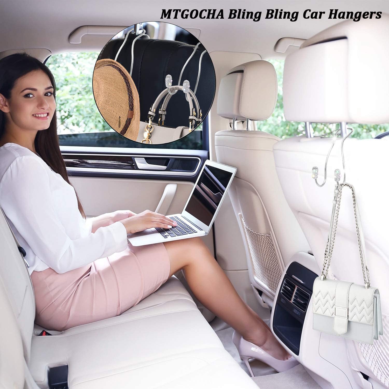 Mtgocha Car Bag Hooks, Cute Rhinestone Car Seat Hooks Hanger, Universal Car Headrest Hook For Purse Bag Metal Car Purse Holder H