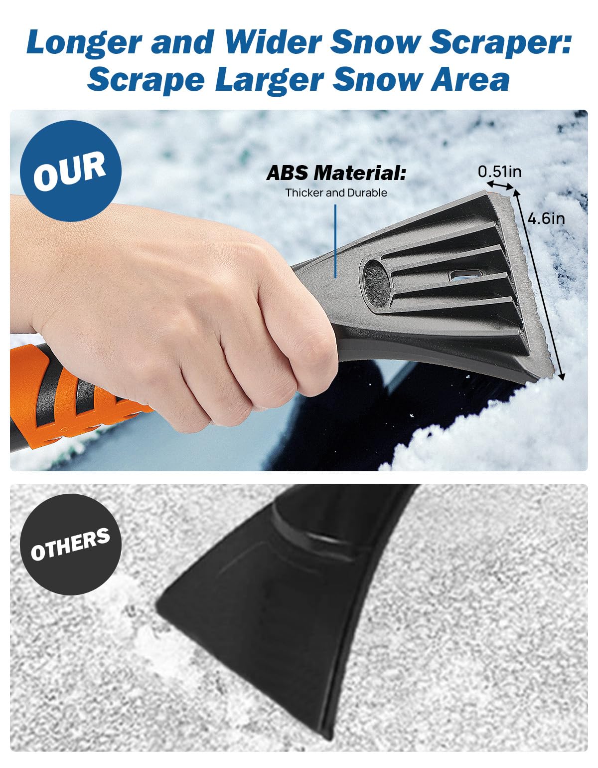 JOYTUTUS Extendable Snow Brush and Ice Scraper, 41.5" Telescoping, 270° Pivoting, Heavy Duty, Orange, Model 2904-00902