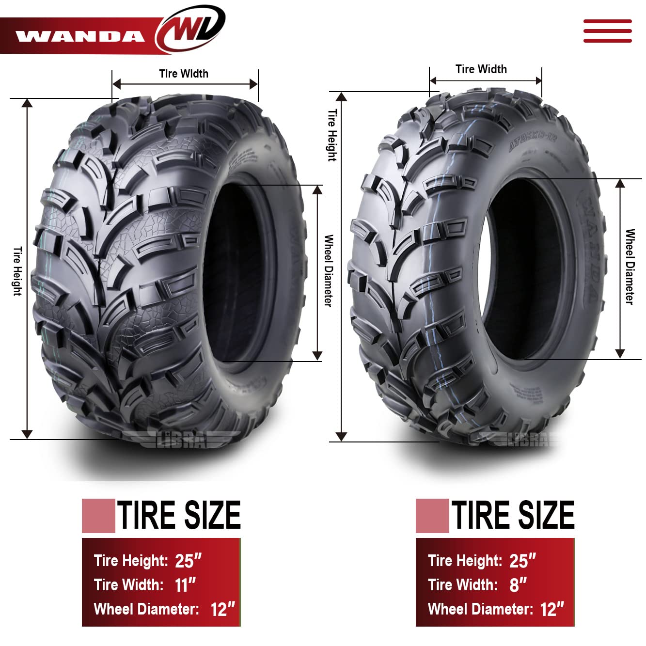 Wanda Set Of 4 New Atv/Utv Tires 25X8-12 Front & 25X11-12 Rear /6Pr P373-10243/10210