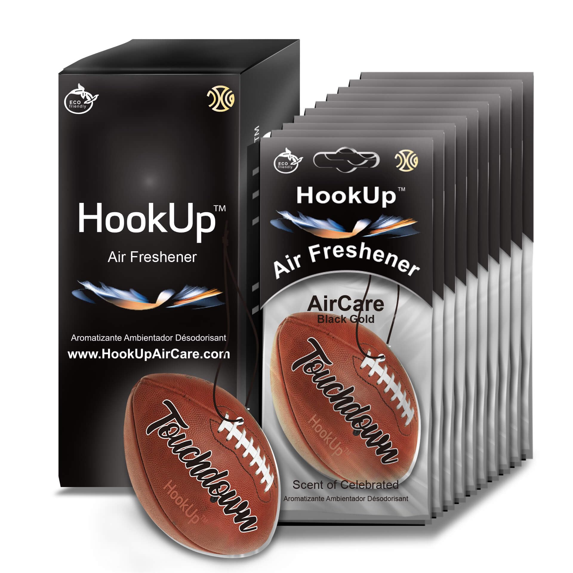 Football Car Air Freshener by HookUp - 10 Pack - Black Gold Scent (Extra Strong) | Unique Football Gift for Players, Coach, Fans