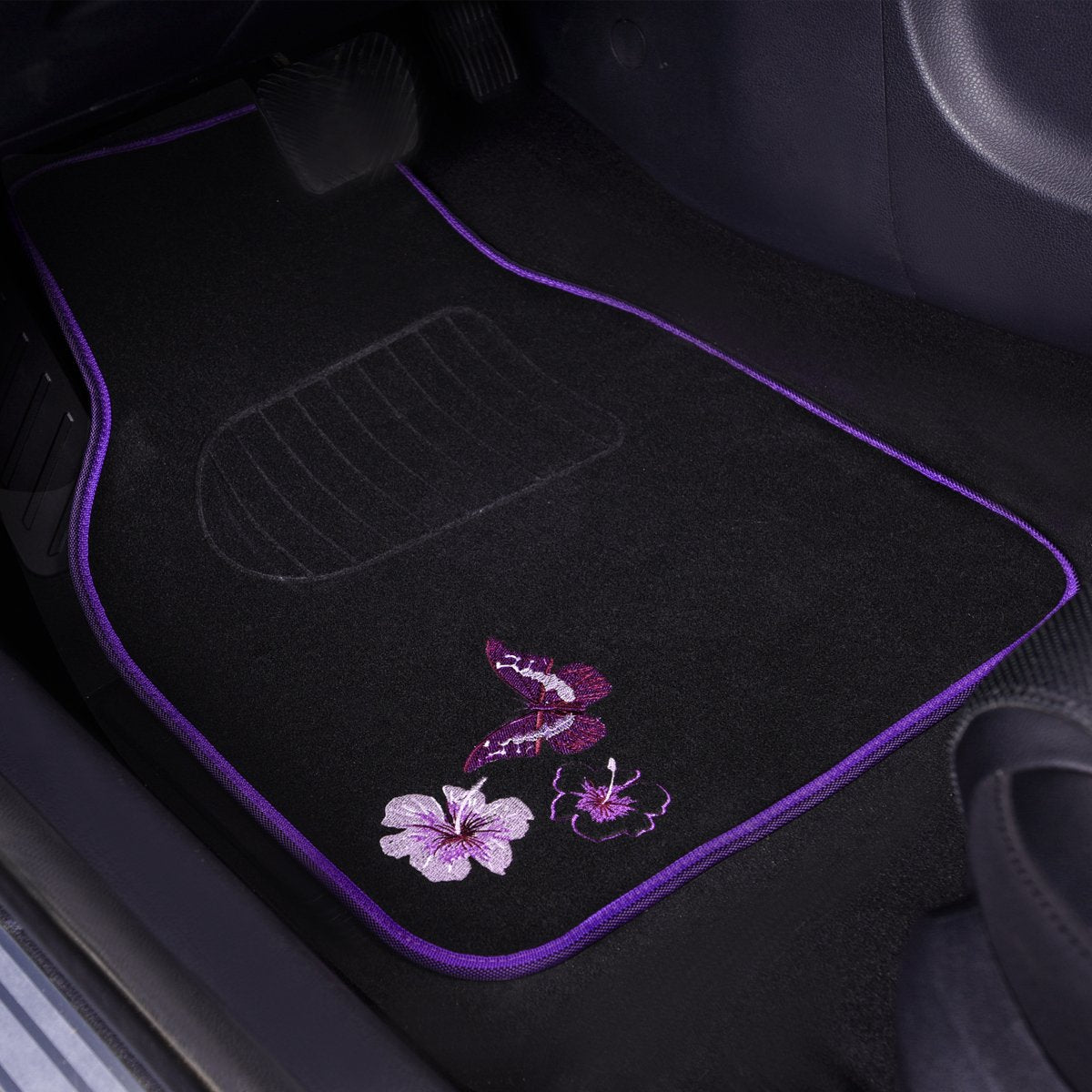 Car Pass Embroidery Butterfly And Flower Car Floor Mats, Purple Car Floor Mats, Universal Fit 95% Automotive,Suvs,Sedan,Vans,For