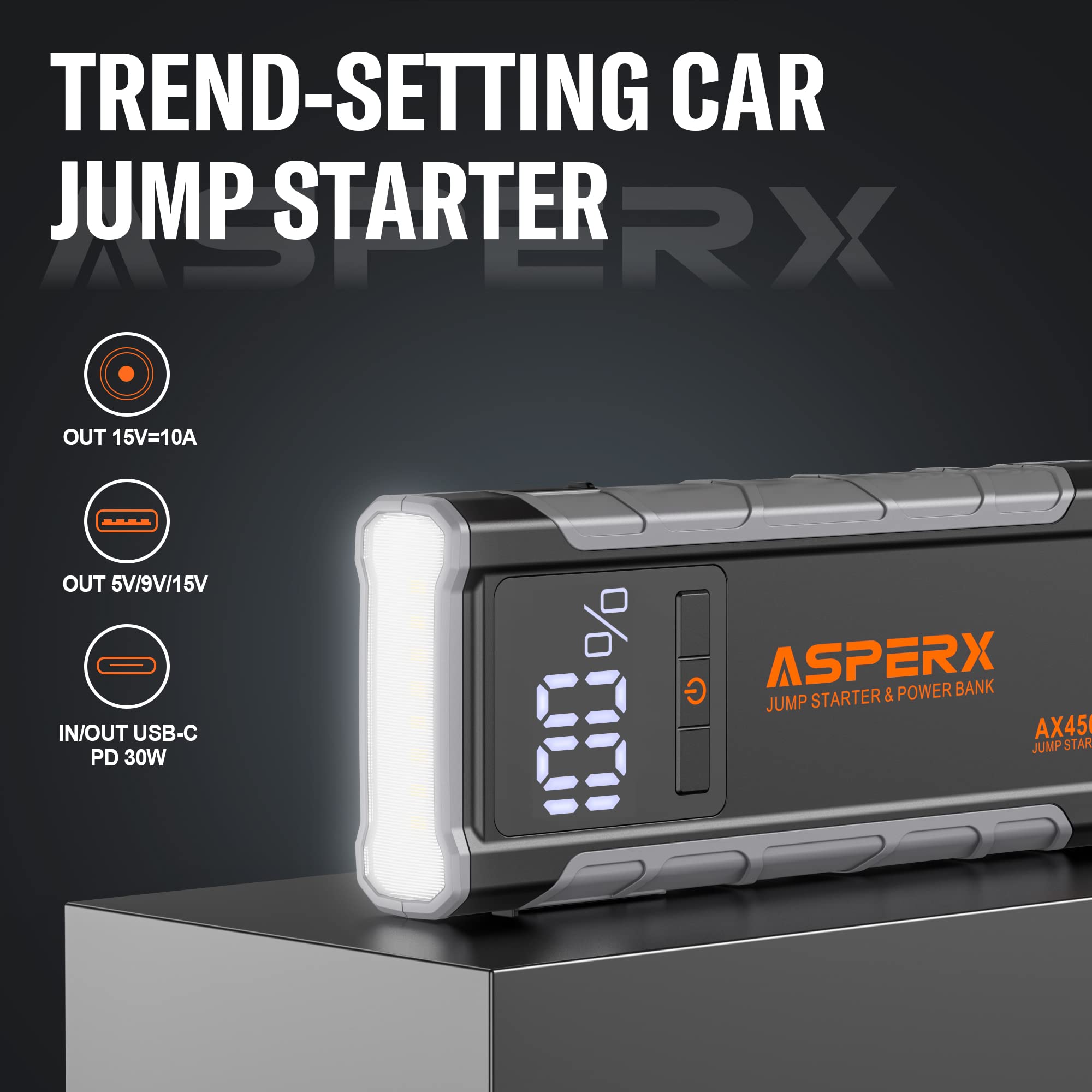 AsperX AX4500 Jump Starter - 4500A Peak, 12V Lithium Battery Booster, Grey, for Gas & Diesel Engines